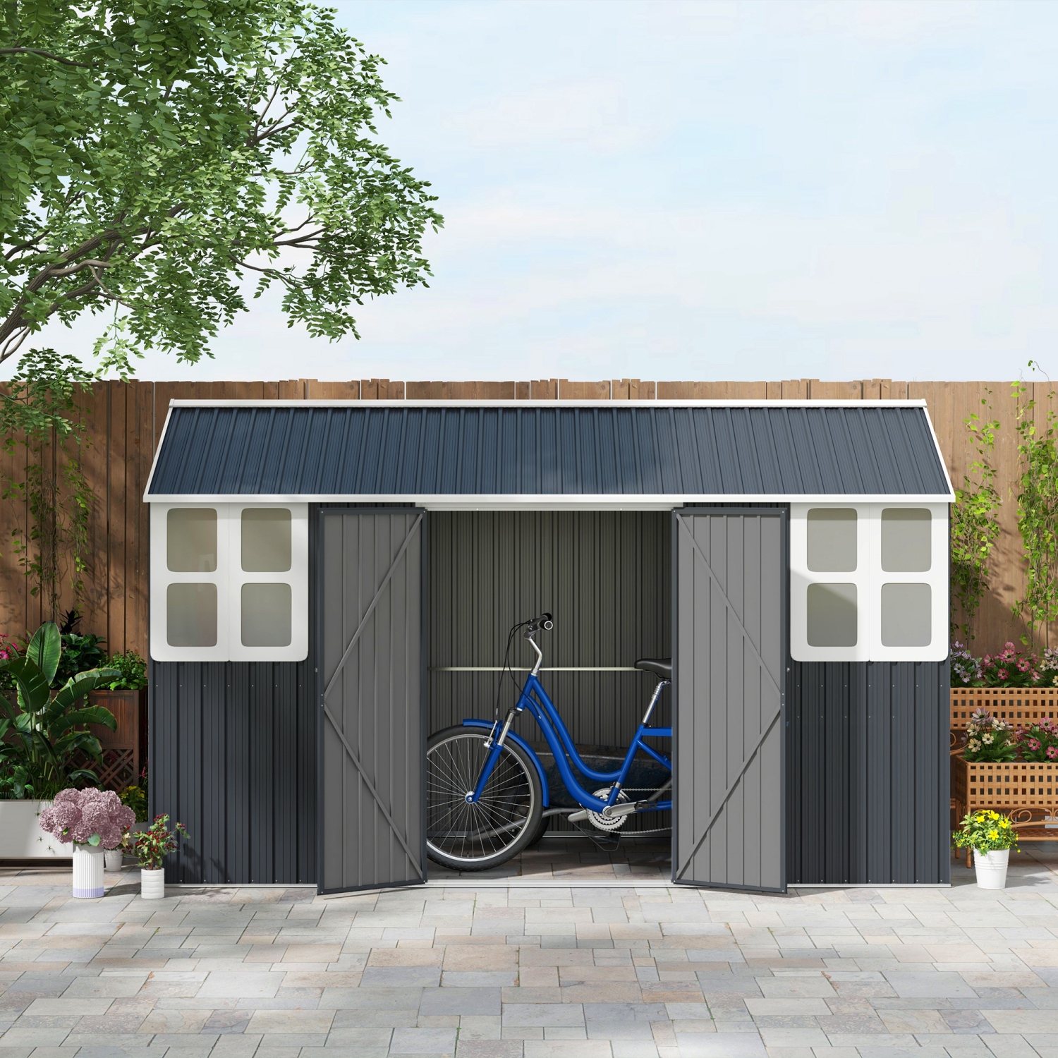 Outsunny 12' x 5.5' Outdoor Storage Shed, Metal Garden Shed Storage House with Window, Lockable Door, Vents, for Backyard, Patio, Lawn, Dark Grey