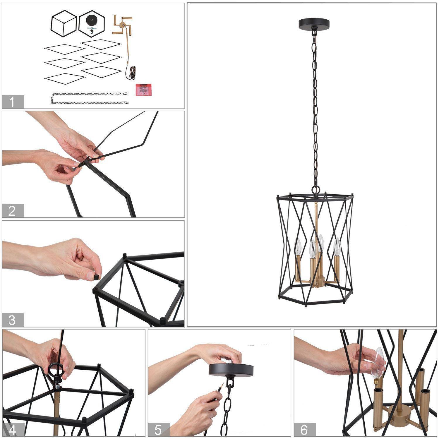 Modern Dining Room Chandelier 12.5 in. 4-Light Antique Gold Modern Chandelier with Black Metal Wire Geometric Cage