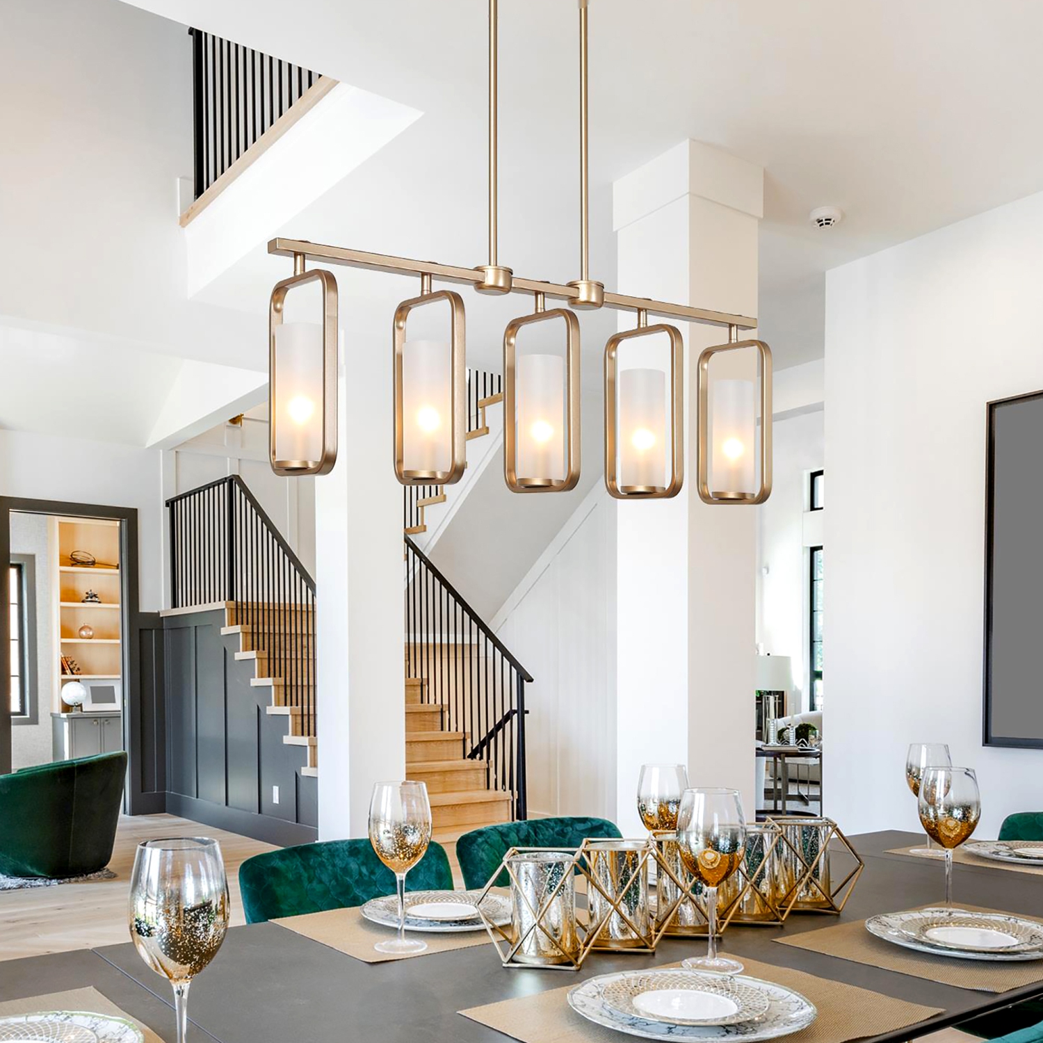 Mid-Century Modern Kitchen Island Linear Chandelier 5-Light Brass Gold Chandelier with White Frosted Glass Shades