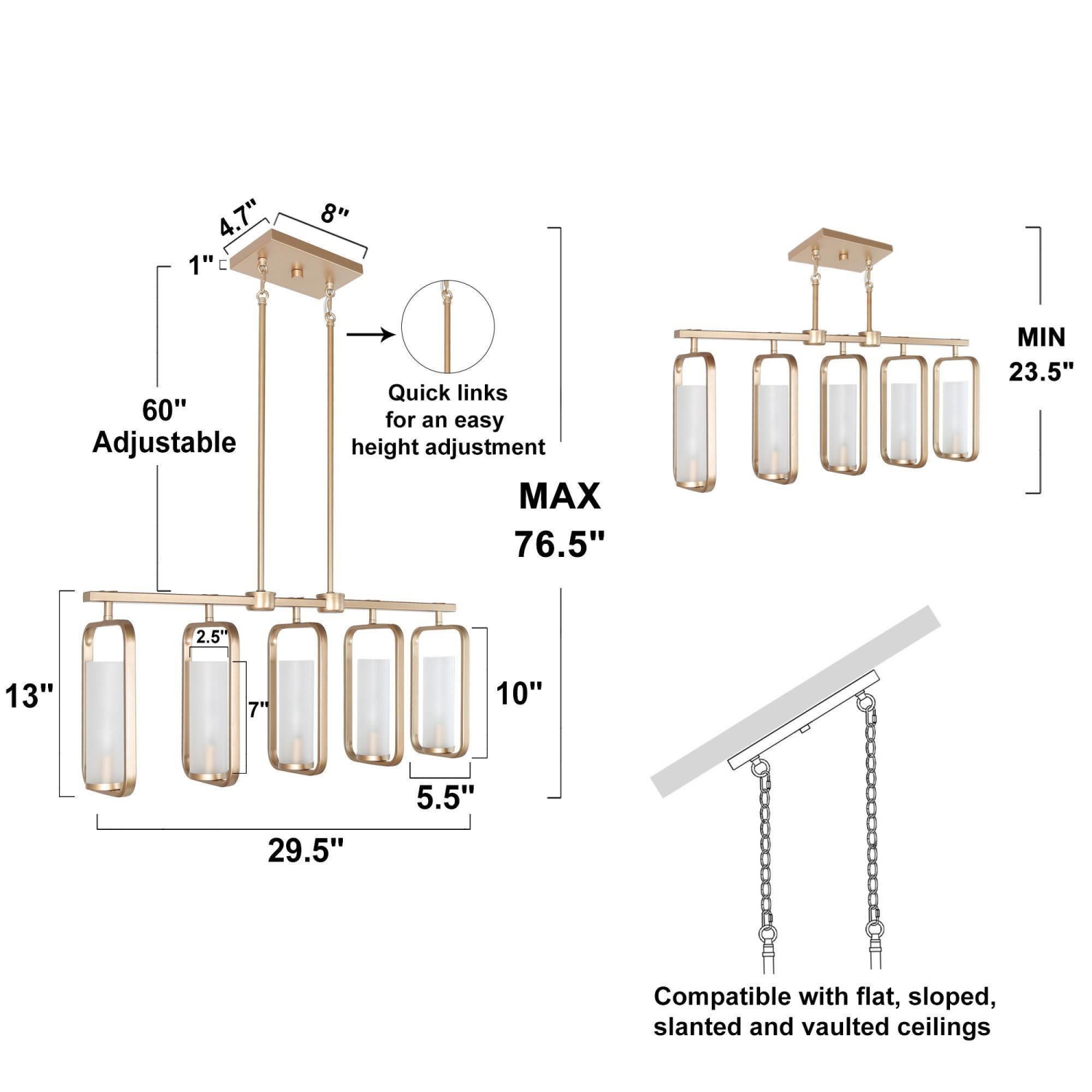 Mid-Century Modern Kitchen Island Linear Chandelier 5-Light Brass Gold Chandelier with White Frosted Glass Shades