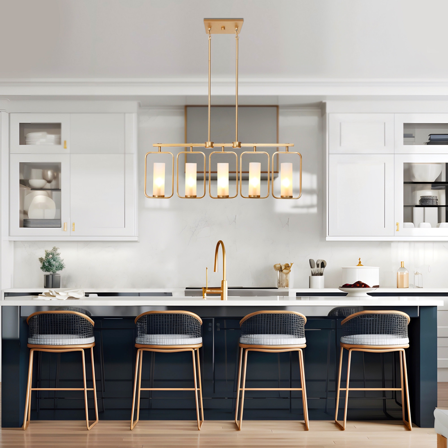 Mid-Century Modern Kitchen Island Linear Chandelier 5-Light Brass Gold Chandelier with White Frosted Glass Shades