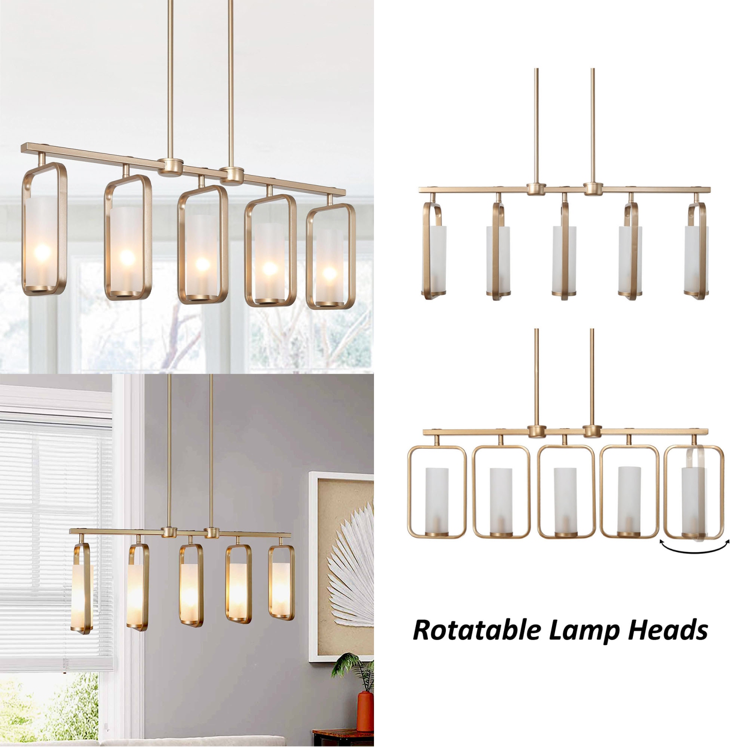 Mid-Century Modern Kitchen Island Linear Chandelier 5-Light Brass Gold Chandelier with White Frosted Glass Shades