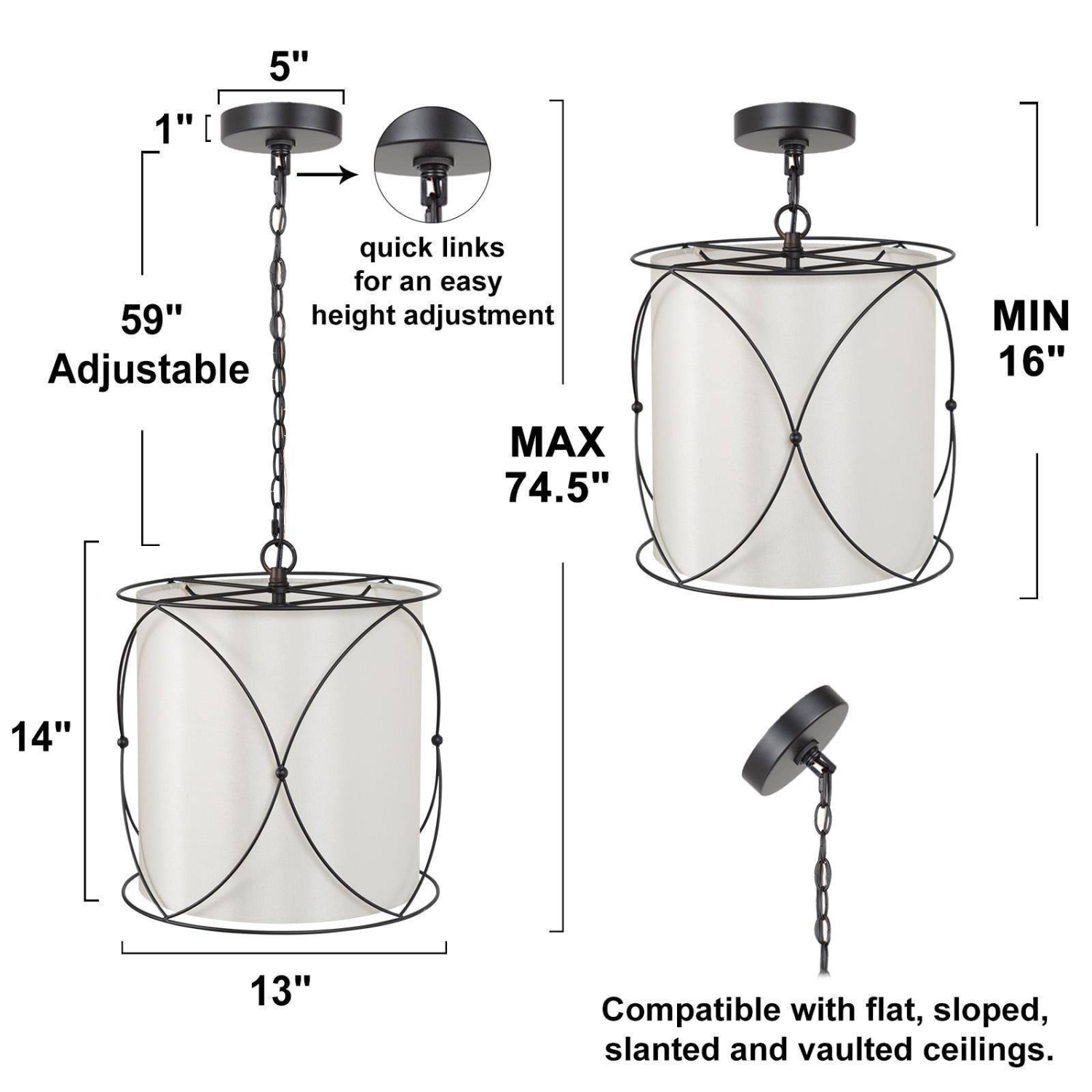 Modern Drum Island Chandelier Pendant Light Kagome 3-Light Matte Black Cage Chandelier Light with Fabric Shade