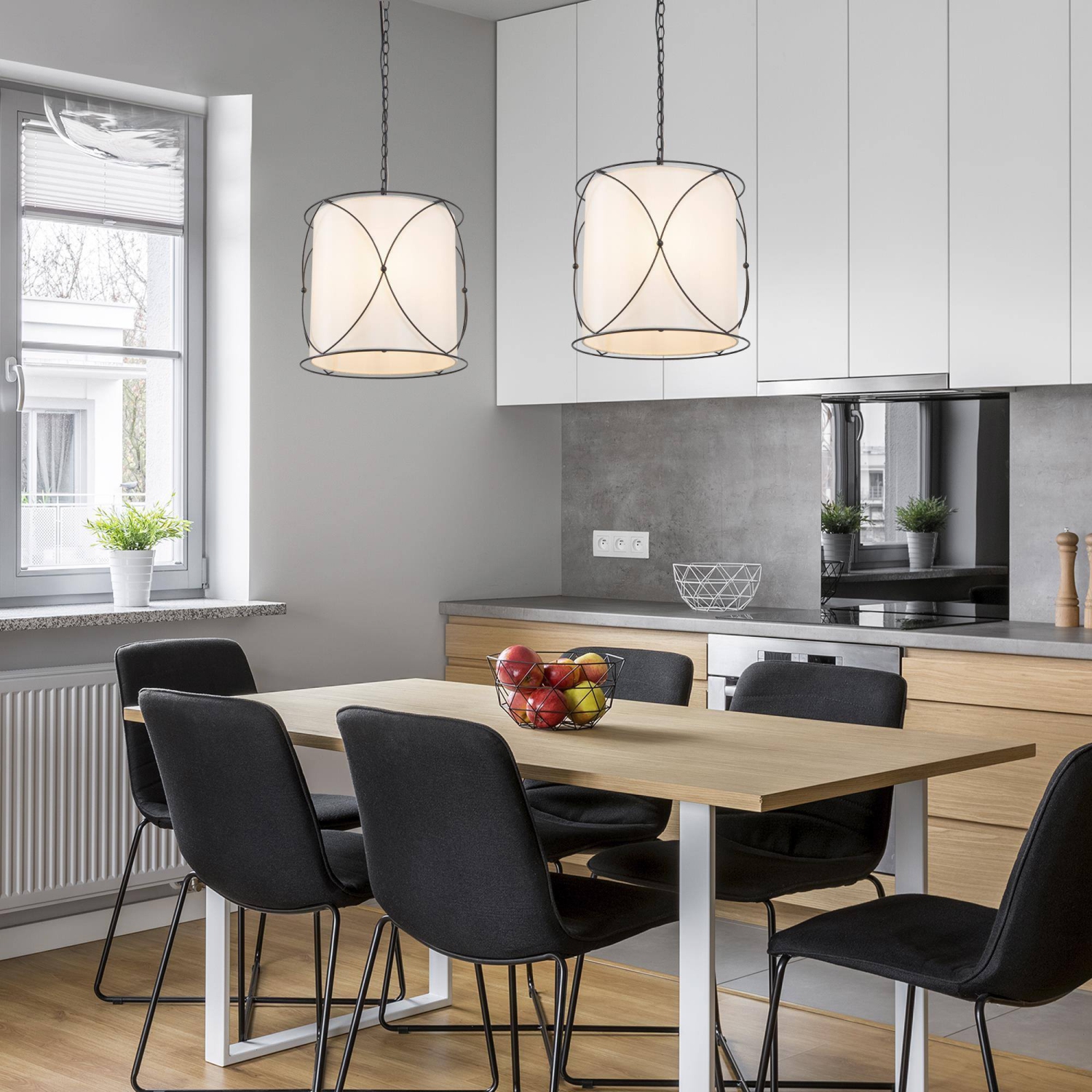 Modern Drum Island Chandelier Pendant Light Kagome 3-Light Matte Black Cage Chandelier Light with Fabric Shade