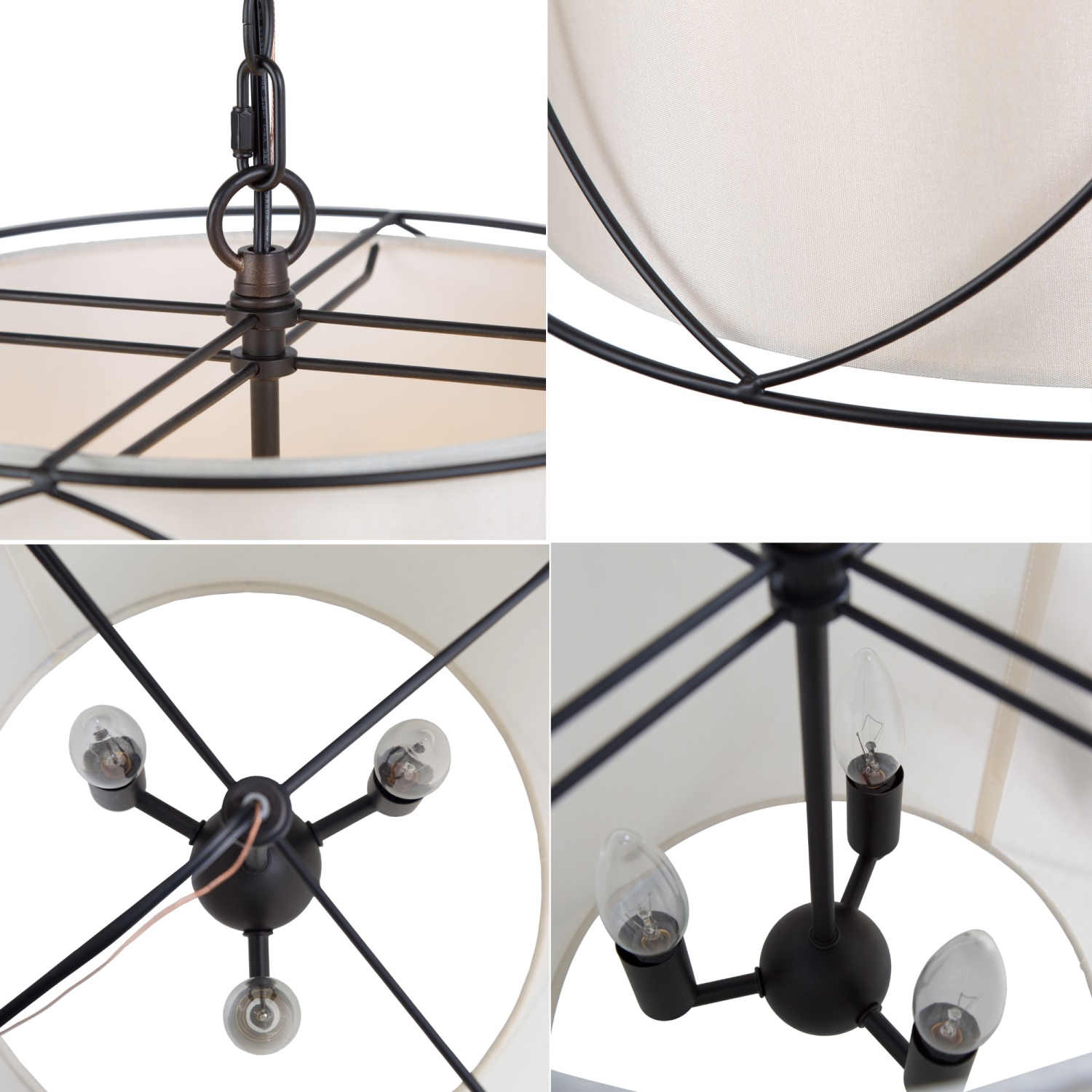 Modern Drum Island Chandelier Pendant Light Kagome 3-Light Matte Black Cage Chandelier Light with Fabric Shade