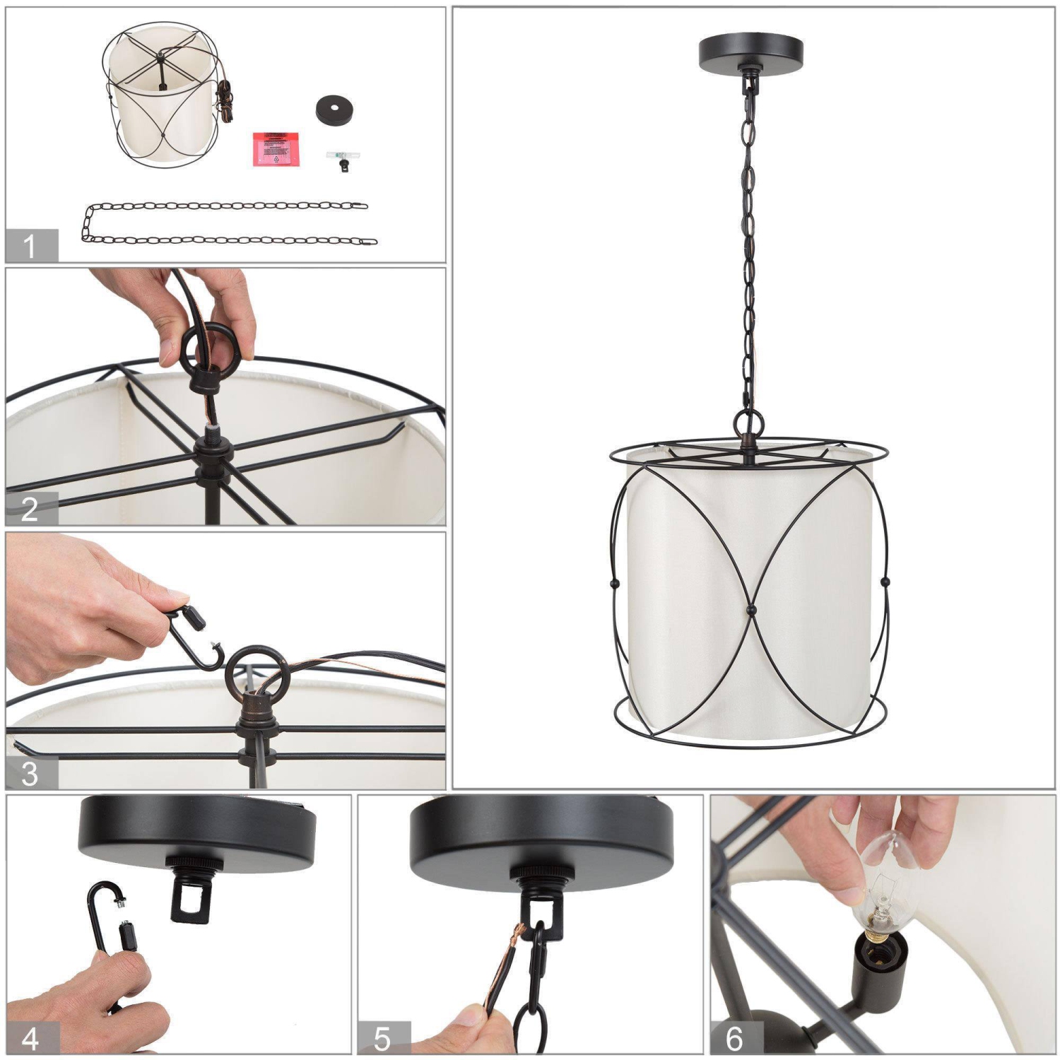 Modern Drum Island Chandelier Pendant Light Kagome 3-Light Matte Black Cage Chandelier Light with Fabric Shade