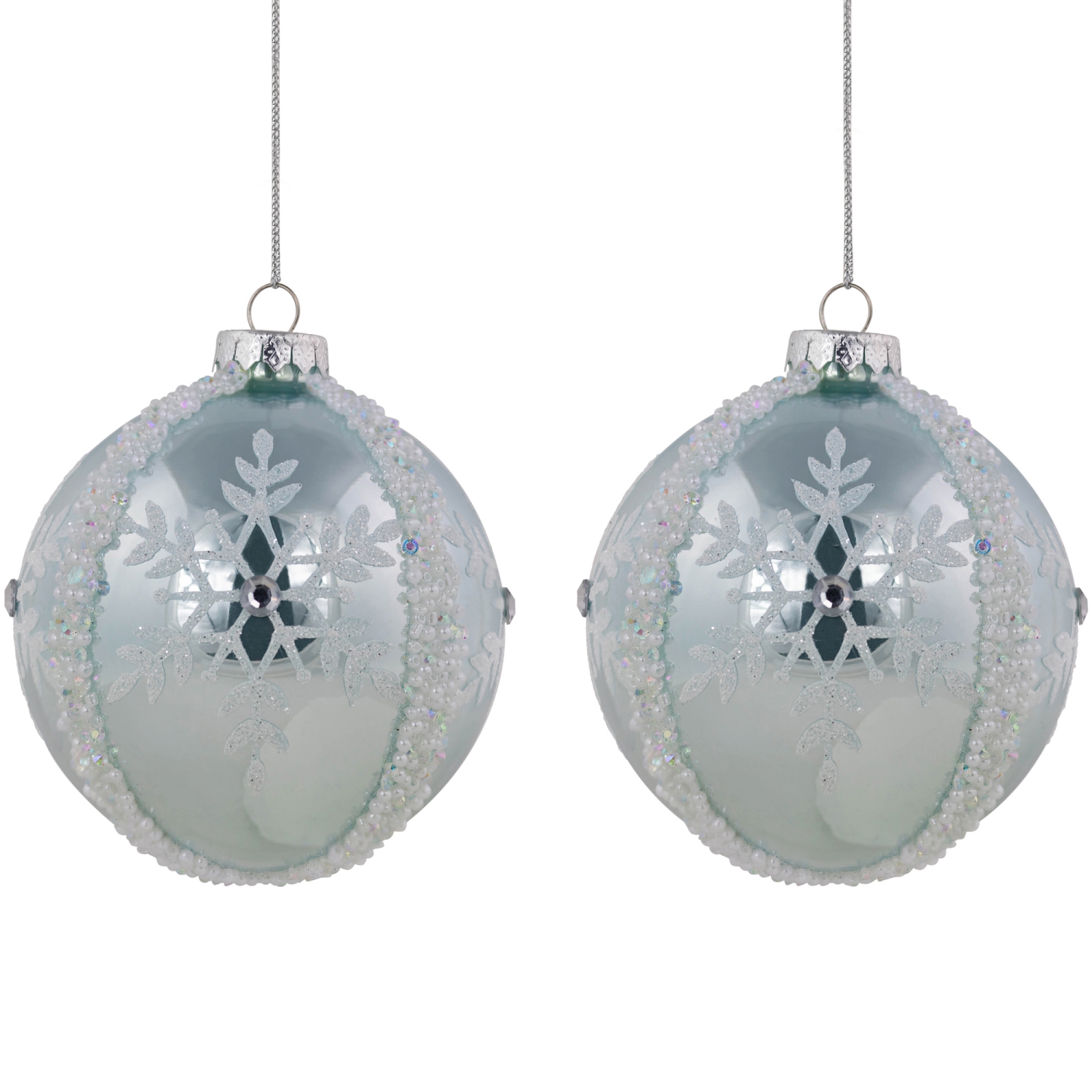 Glitter Snowflakes Beaded Christmas Glass Ball Ornaments - 4" - Ice Blue - Set of 2