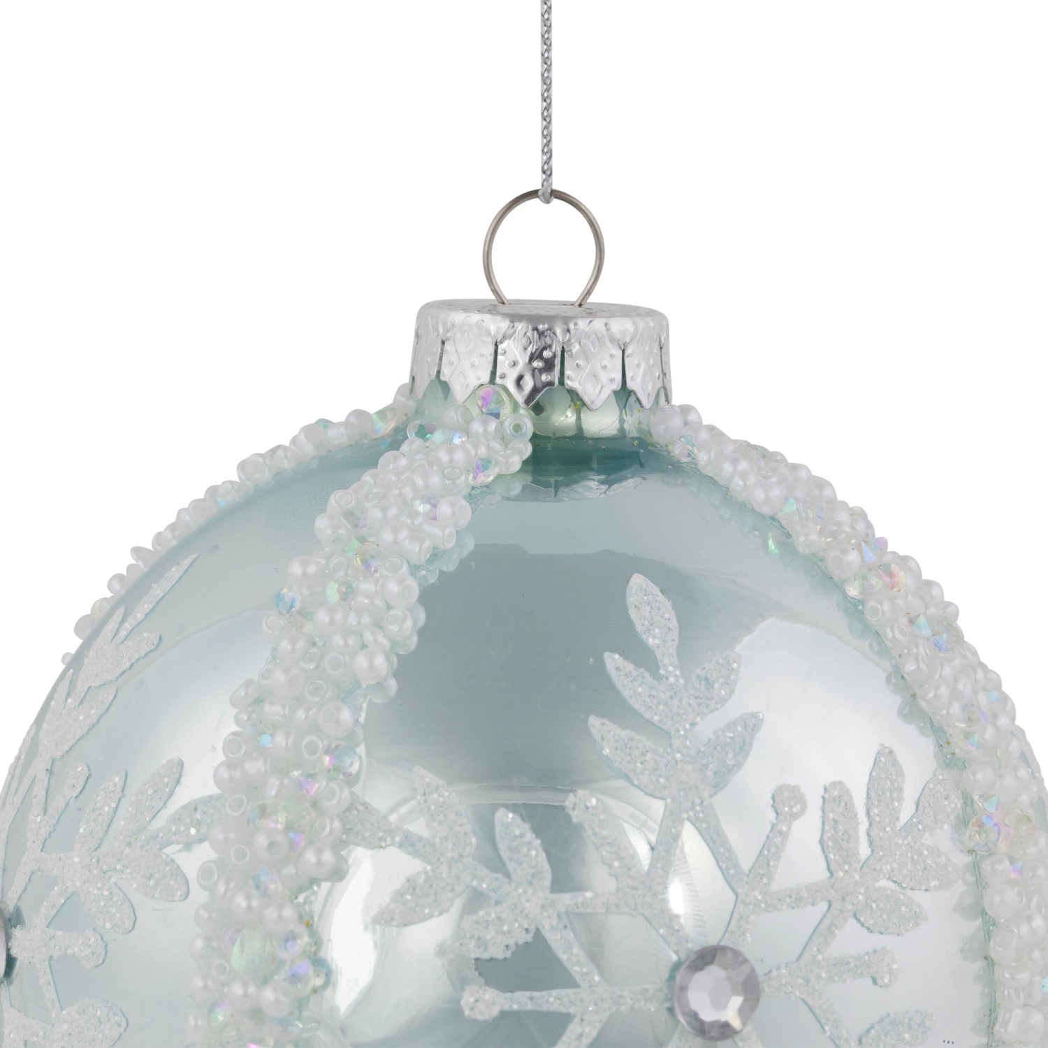 Glitter Snowflakes Beaded Christmas Glass Ball Ornaments - 4" - Ice Blue - Set of 2