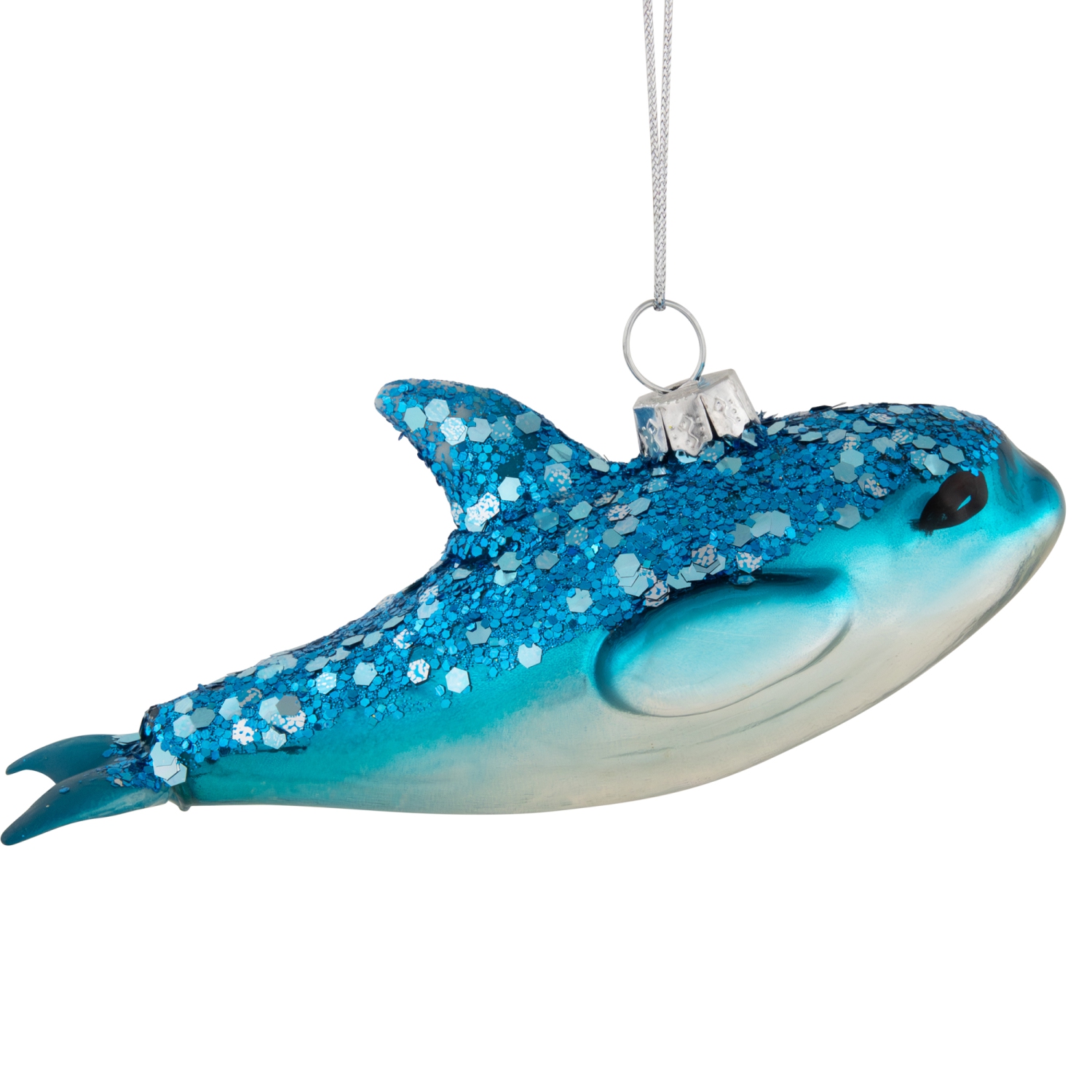 Dolphin Glittered Glass Christmas Hanging Ornament - 4.75" - Sea Blue and White