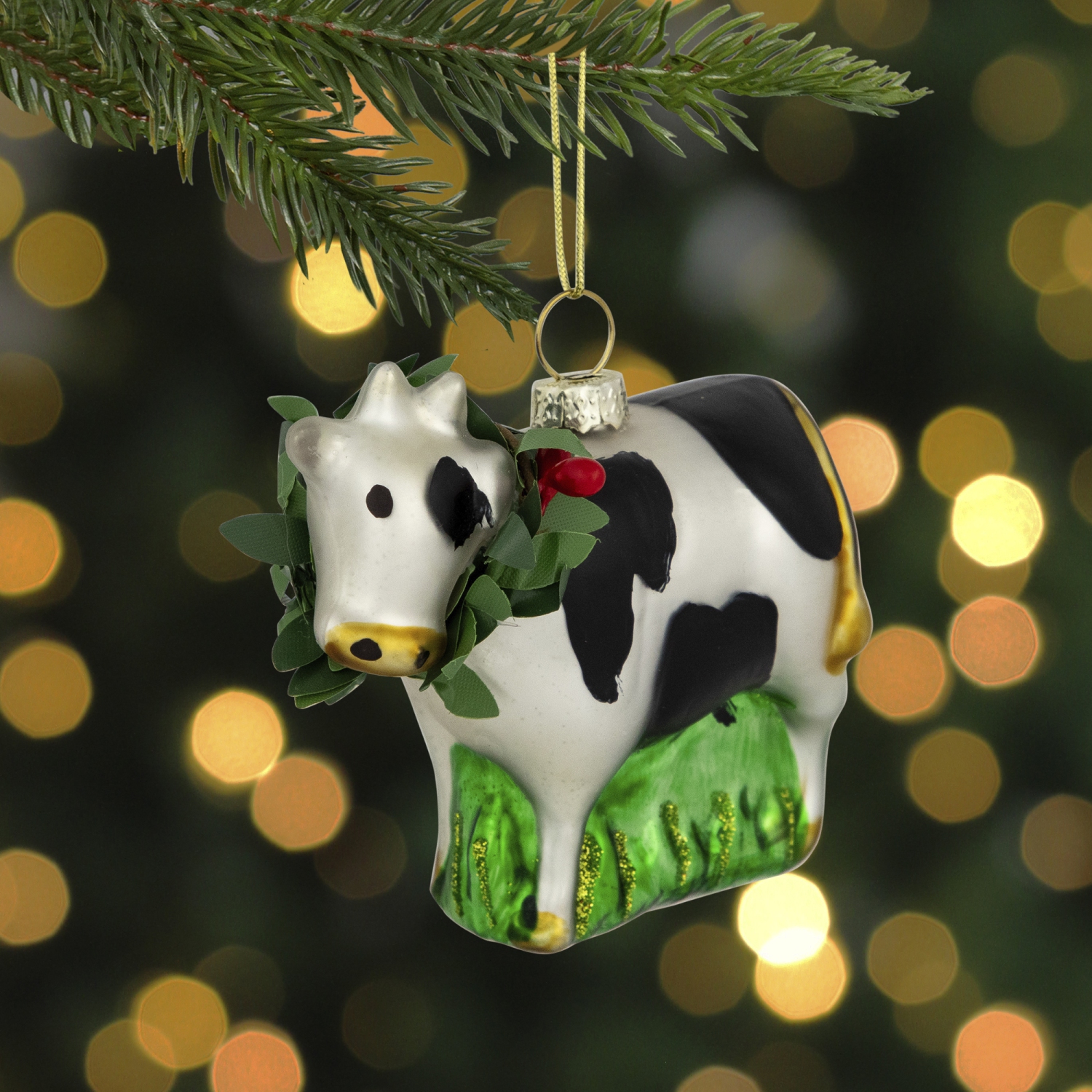 3" Cow with Wreath Christmas Glass Hanging Ornament