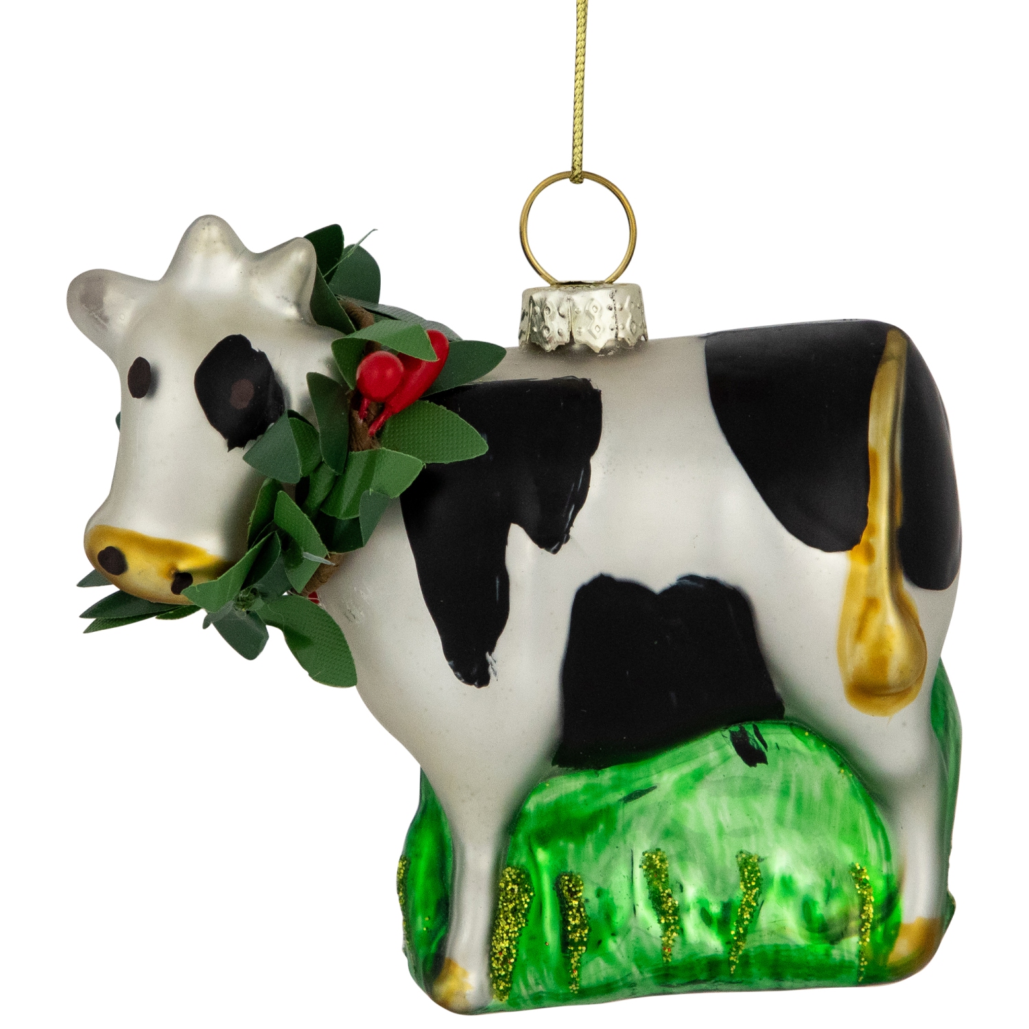 3" Cow with Wreath Christmas Glass Hanging Ornament