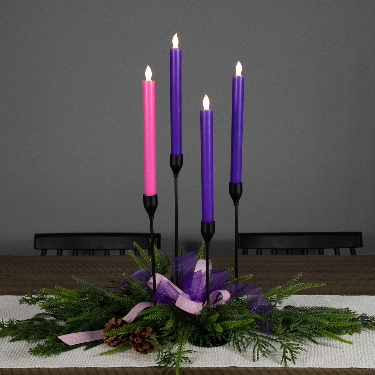 Set of 4 Purple and Pink Flickering LED Christmas Advent Wax Taper Candles 9.5"