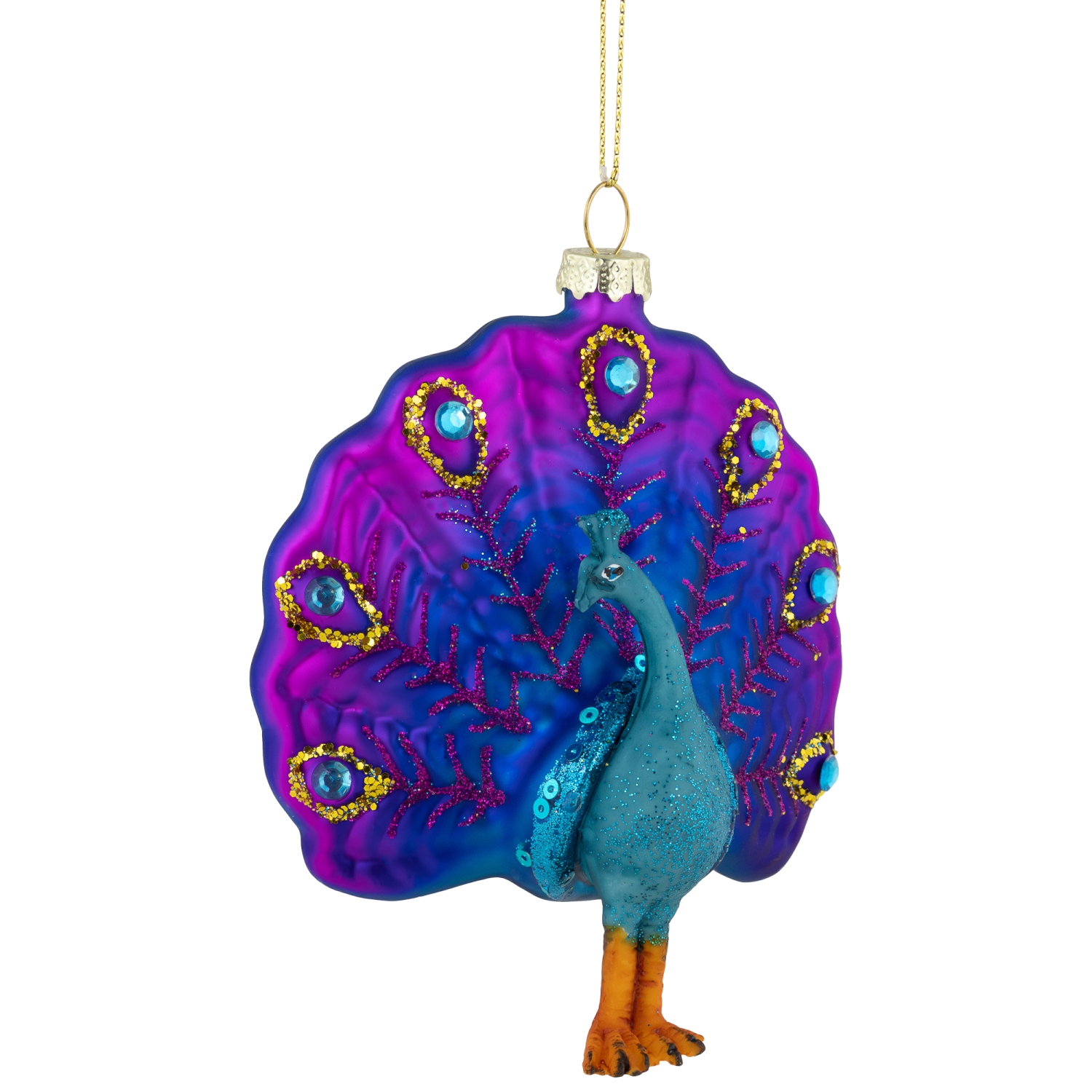Standing Glittered Peacock Glass Christmas Ornament - 4.75" - Purple and Blue