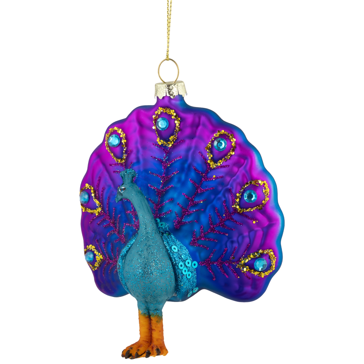 Standing Glittered Peacock Glass Christmas Ornament - 4.75" - Purple and Blue
