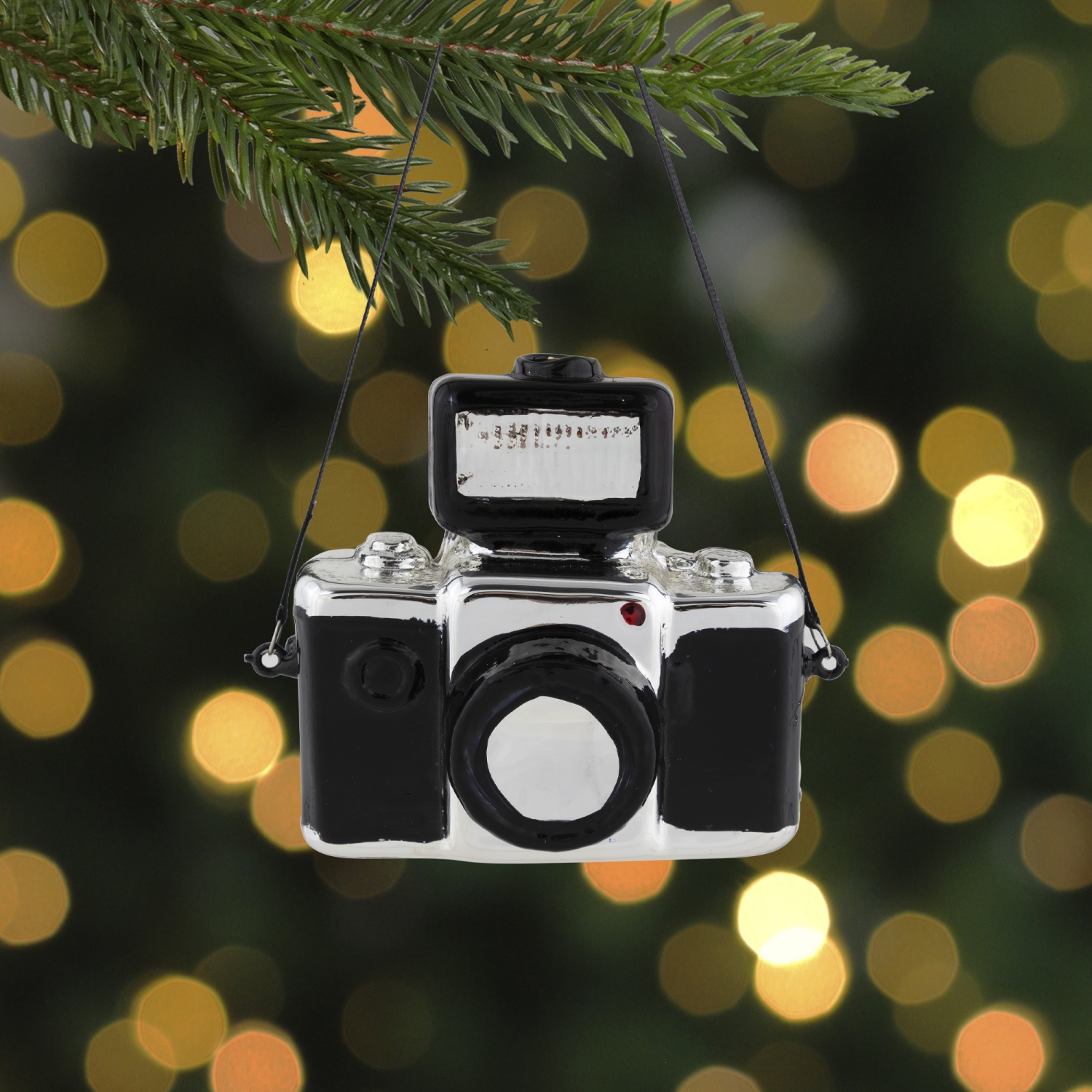 4" Black Retro Camera Glass Christmas Ornament