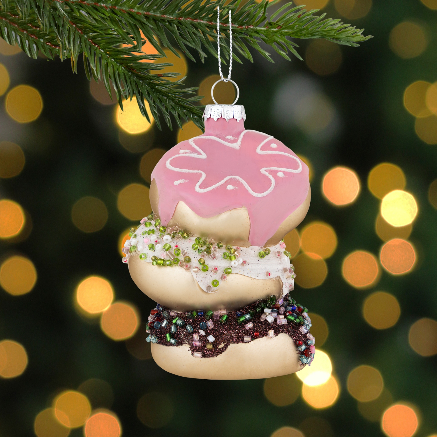 3.75" Triple Stacked Doughnuts Glass Christmas Ornament