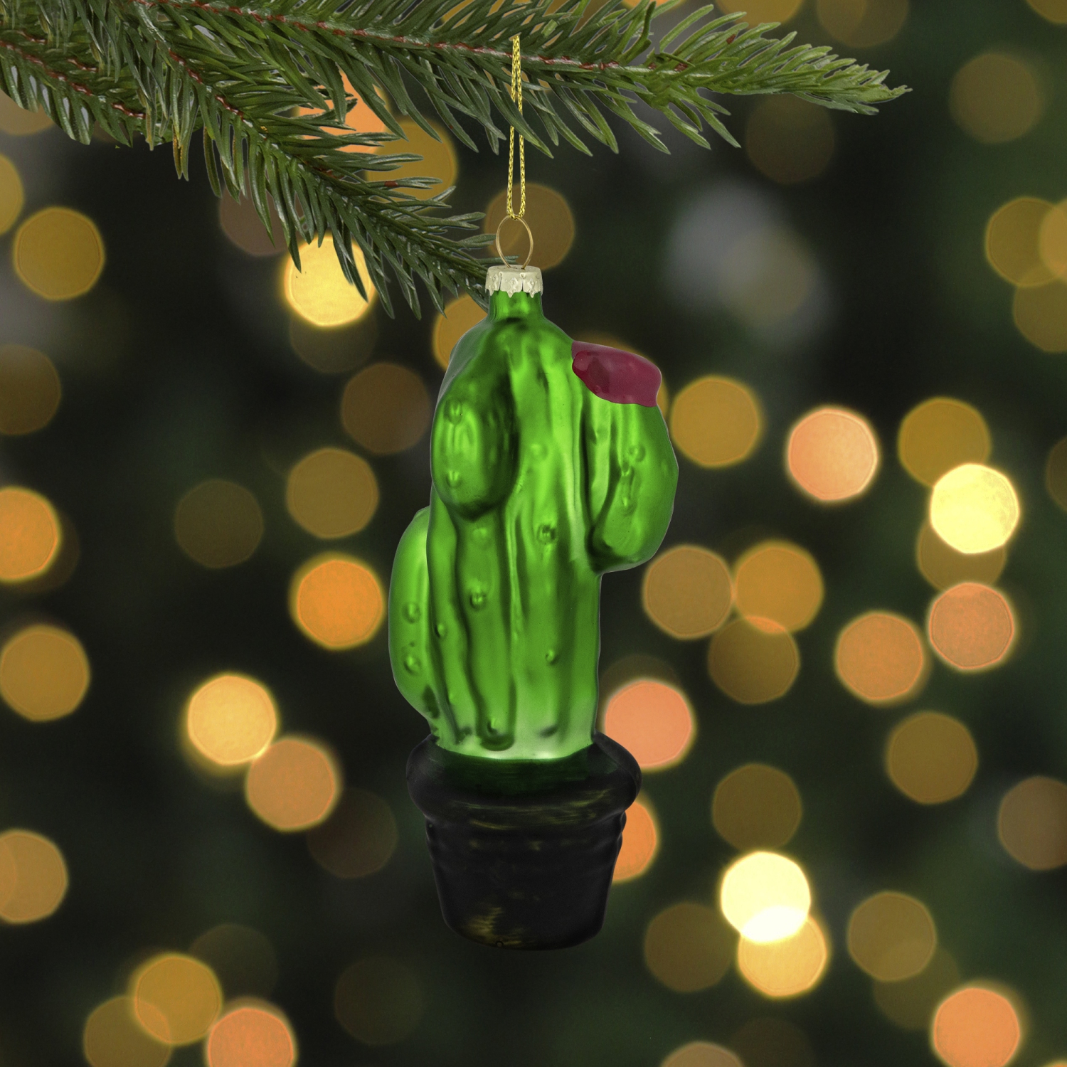 5" Green Cactus with Pink Flower Glass Christmas Ornament