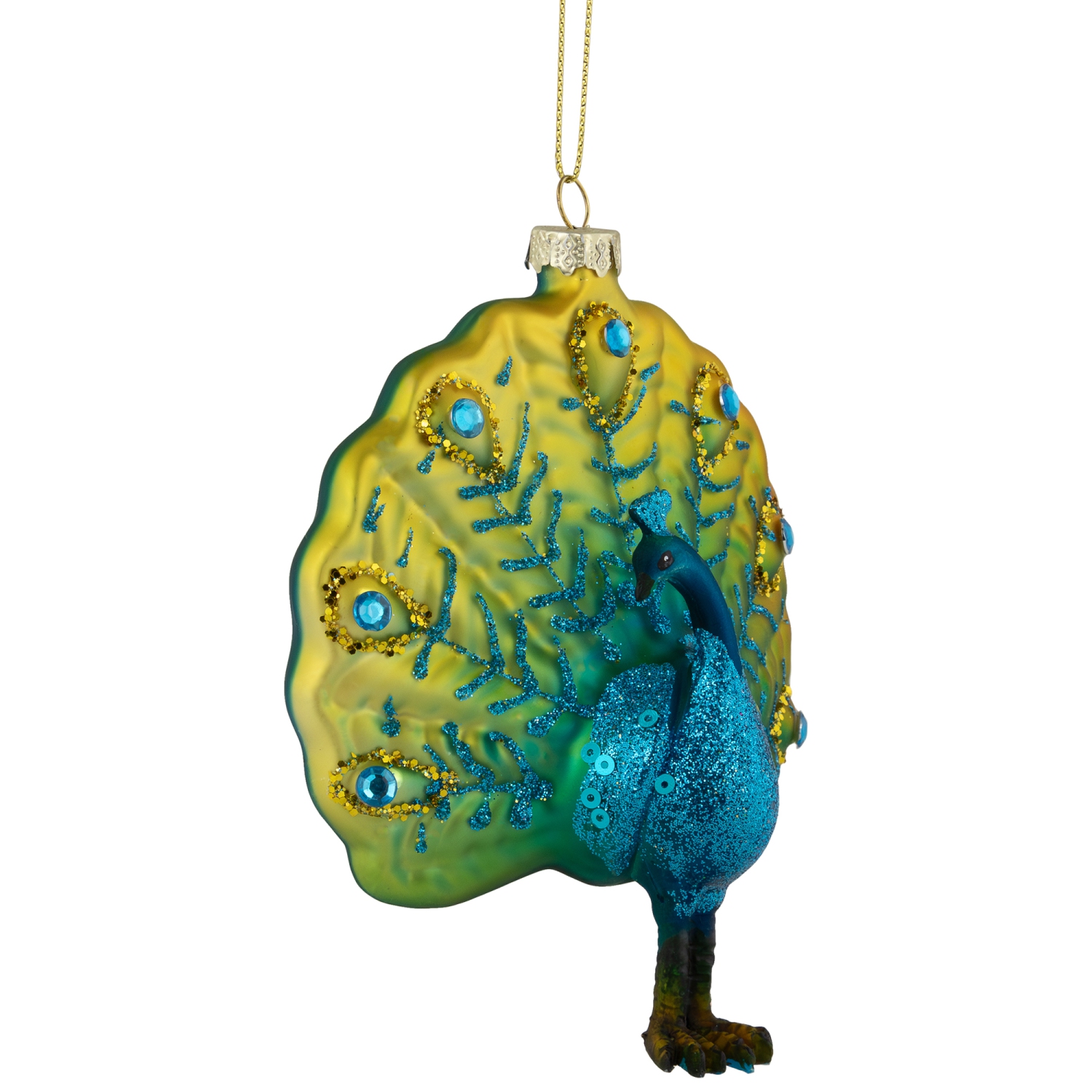 Décoration de Noël en verre de paon scintillant sur pied - 4,75 po - Jaune et bleu