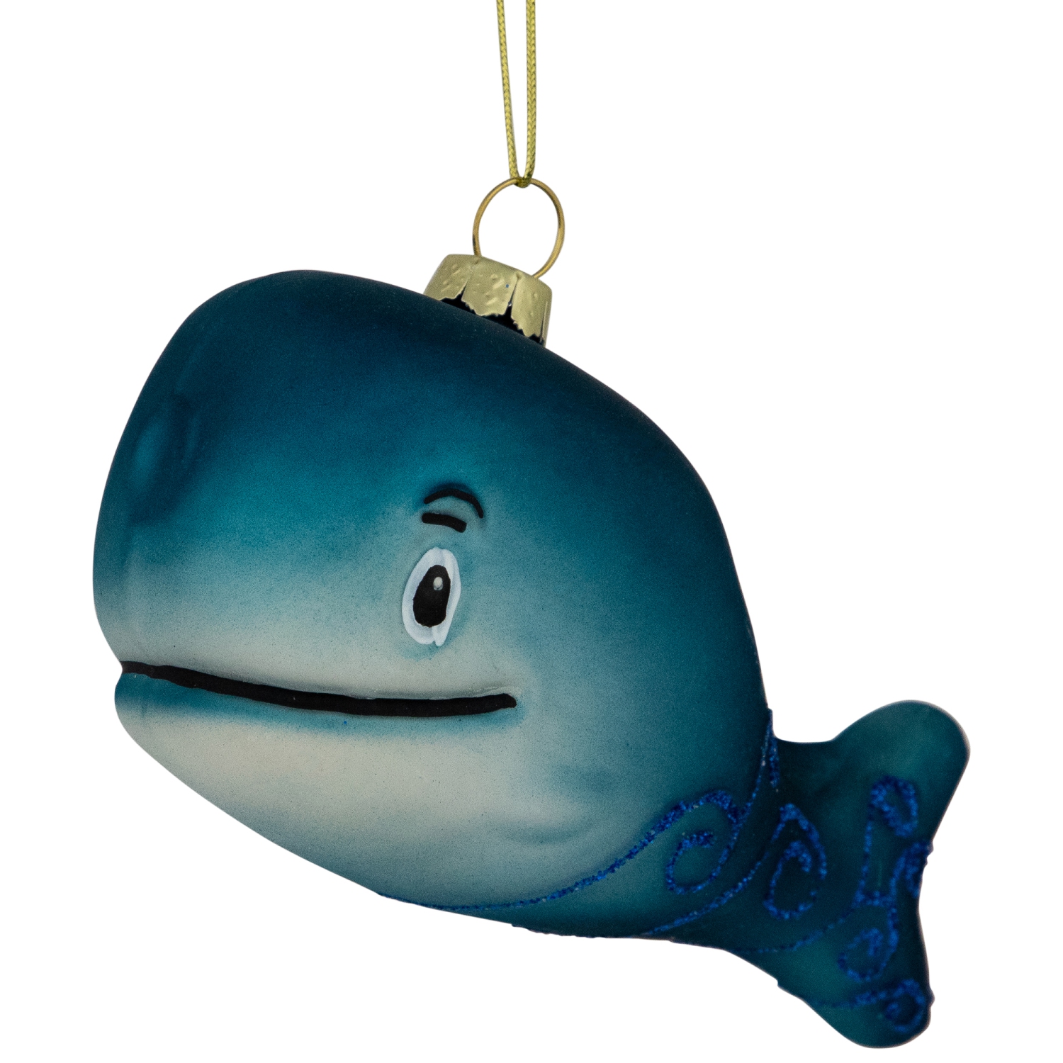 Glittered Whale Glass Christmas Ornament - 4" - Teal Blue