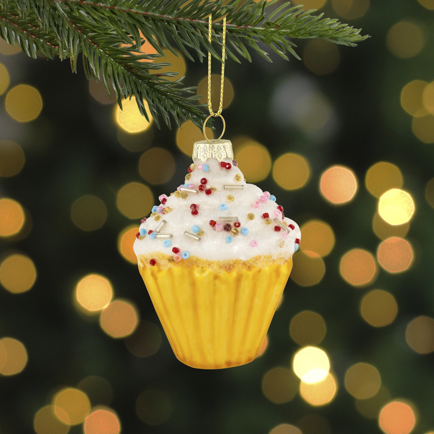 3" White and Golden Cupcake Glass Christmas Hanging Ornament
