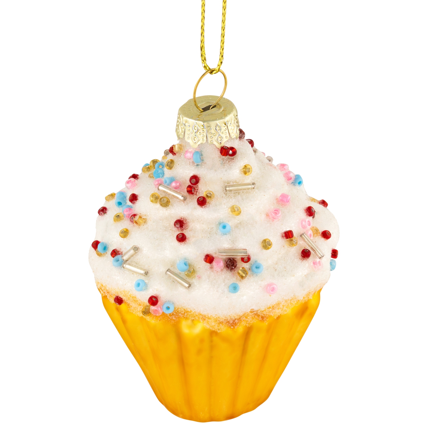 3" White and Golden Cupcake Glass Christmas Hanging Ornament