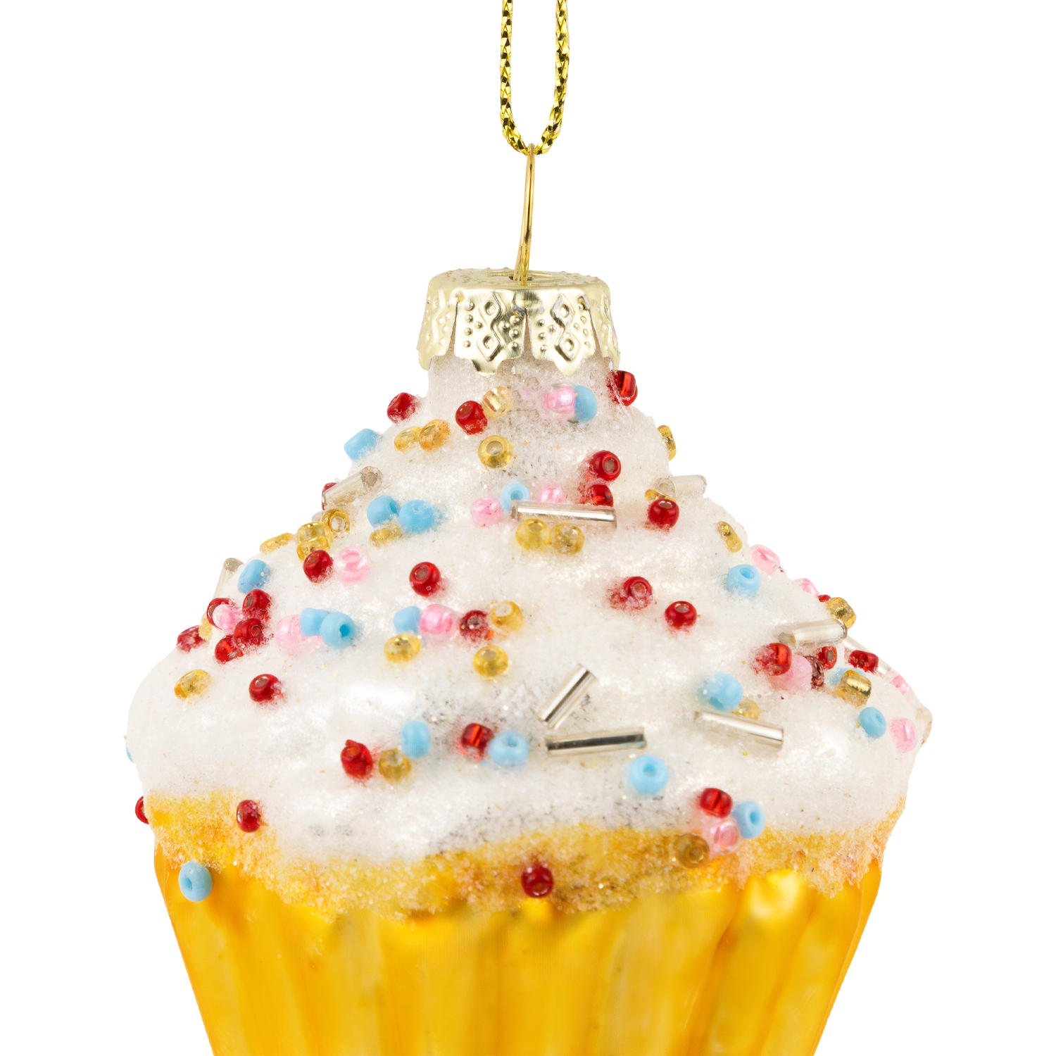 3" White and Golden Cupcake Glass Christmas Hanging Ornament