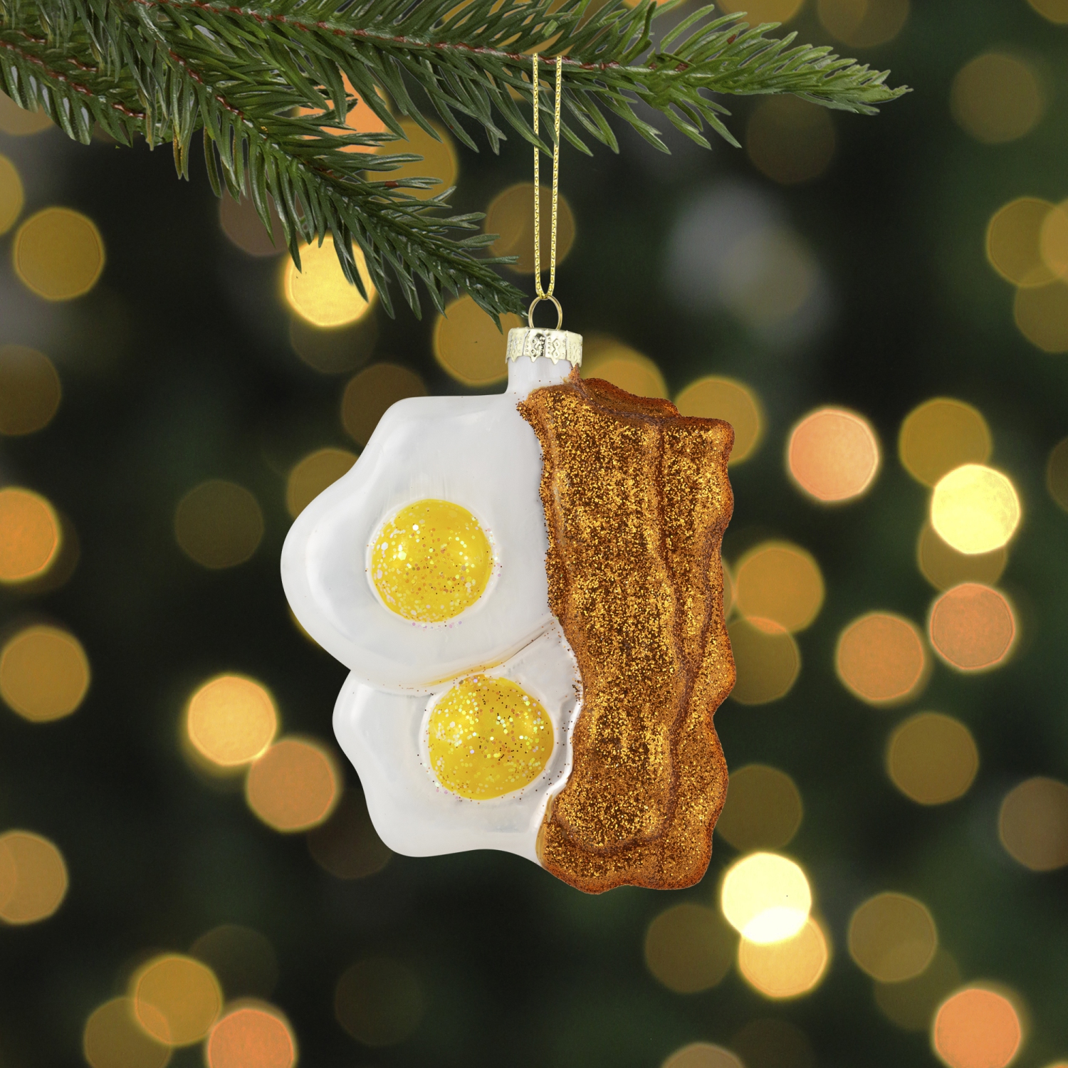 3.75" Eggs and Bacon Glittered Glass Christmas Hanging Ornament