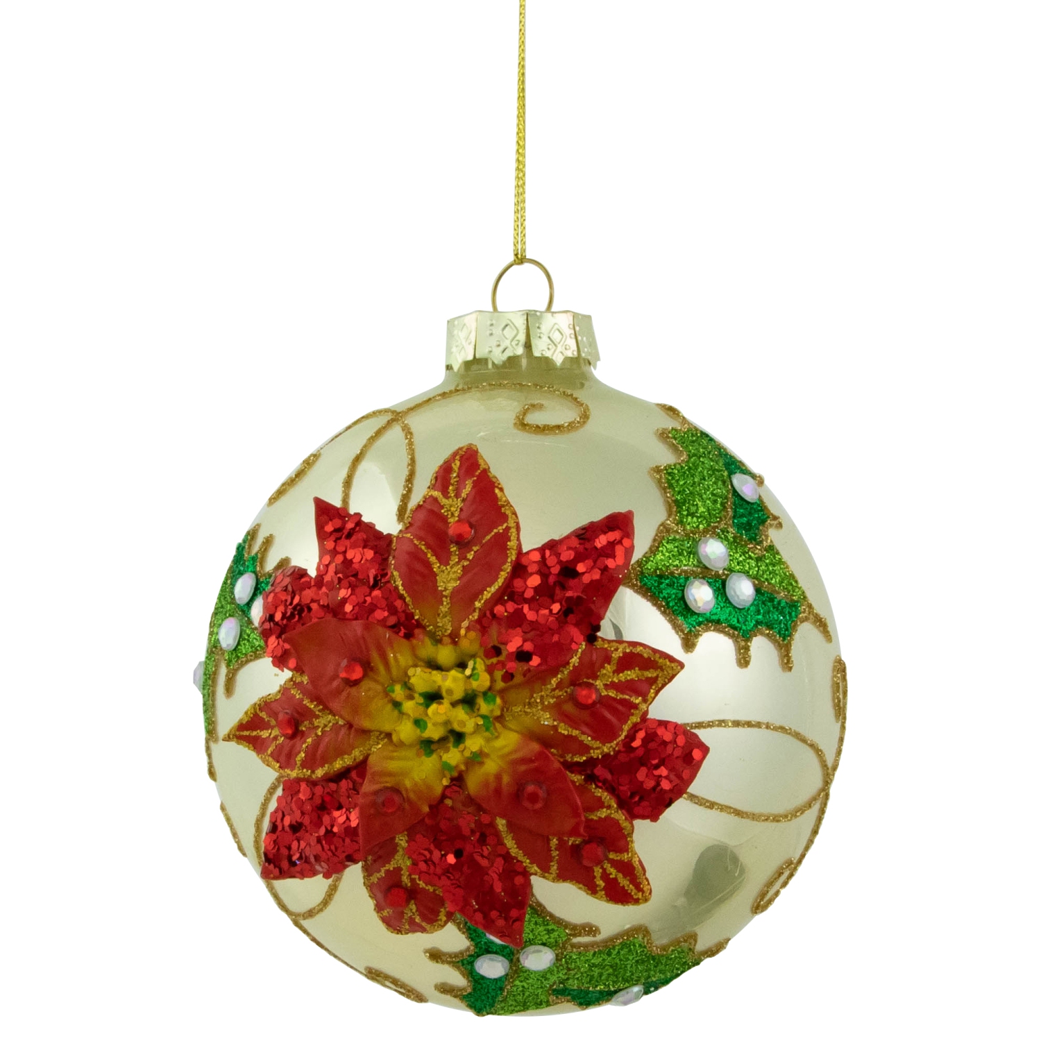 Sequin 2-D Poinsettia Christmas Glass Ball Ornament - 4" - Gold and Red