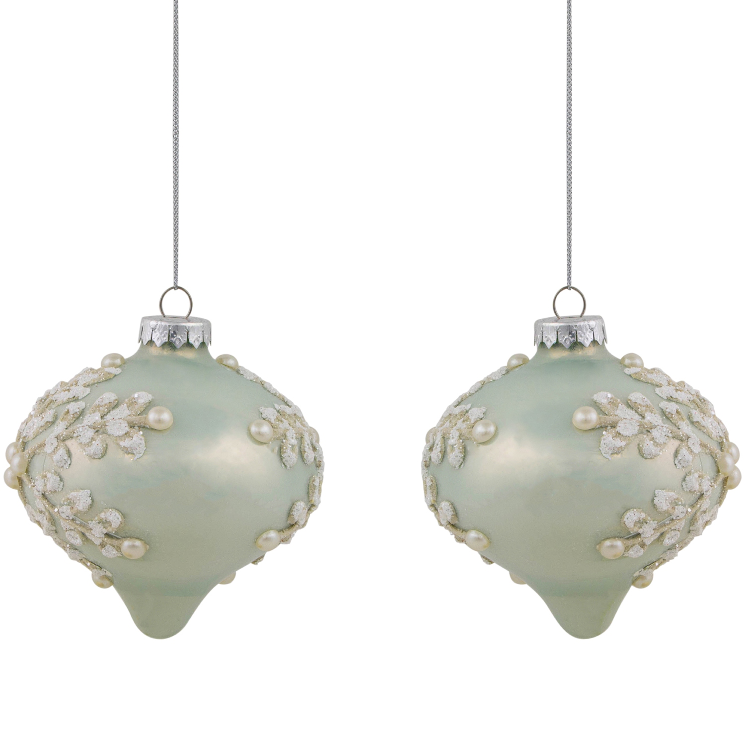 Set of 2 Pastel Green with Icy Snowflakes Christmas Glass Onion Ornaments 4"