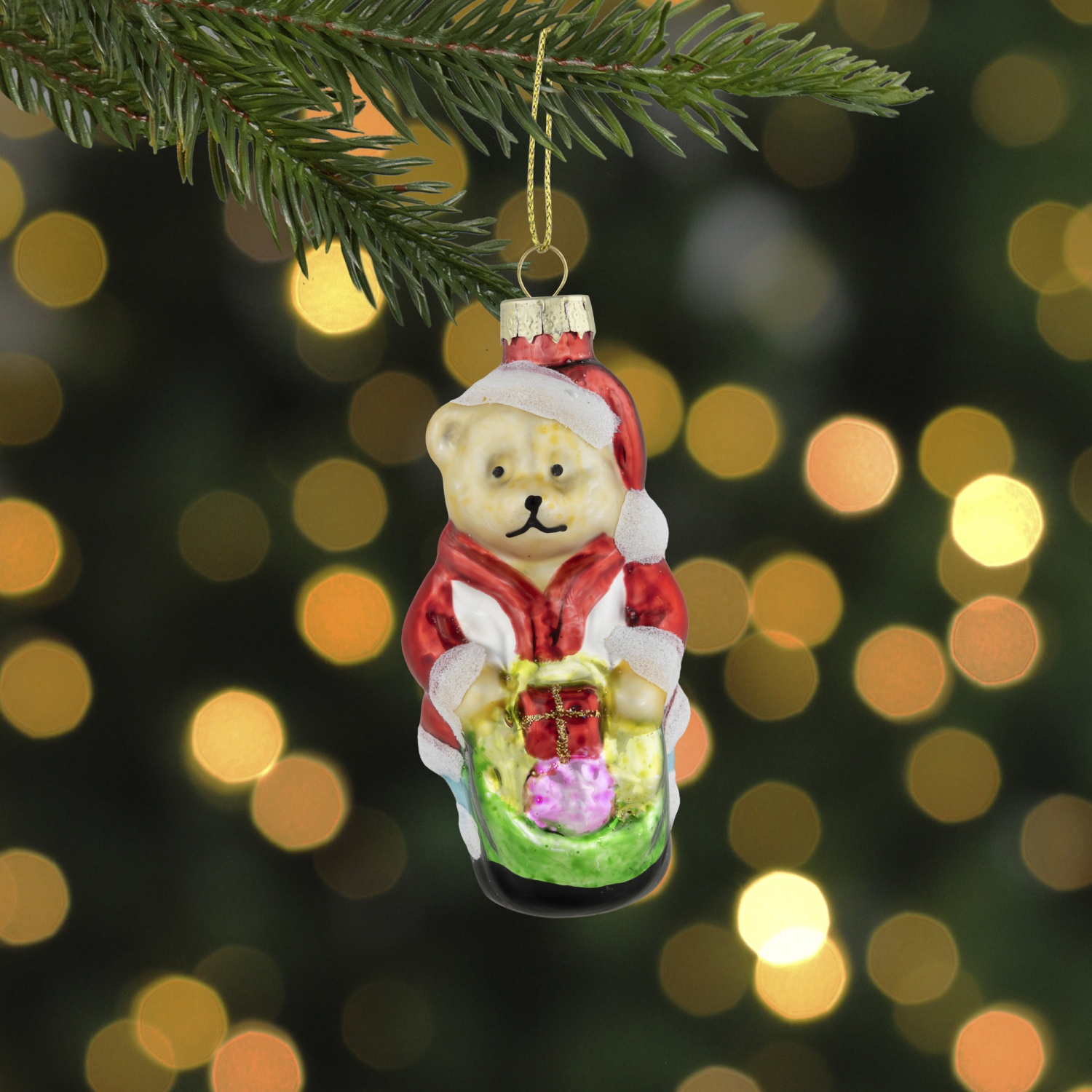 Santa Bear with Gift Bag Glass Christmas Ornament - 3.25" - Red
