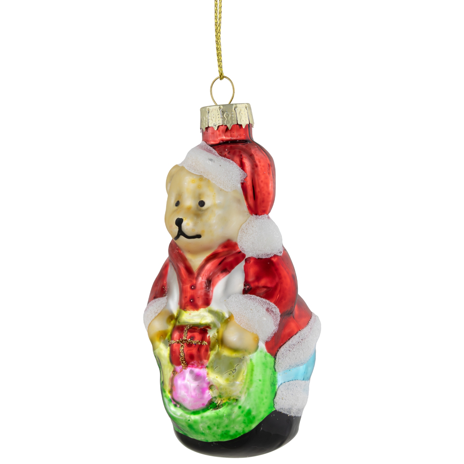 Santa Bear with Gift Bag Glass Christmas Ornament - 3.25" - Red