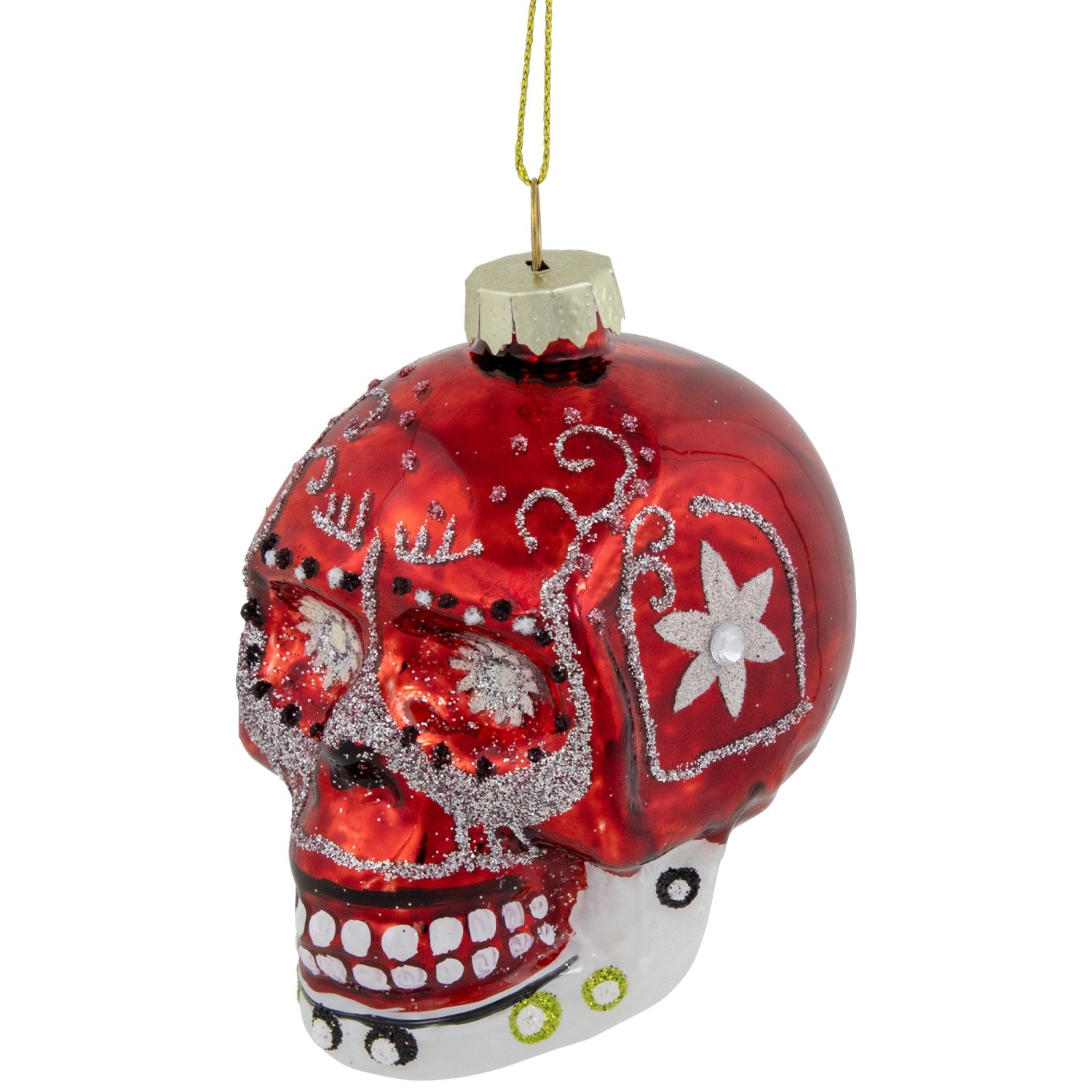 Day of the Dead Skull Head Glitter Glass Christmas Ornament - 3.5" - Red