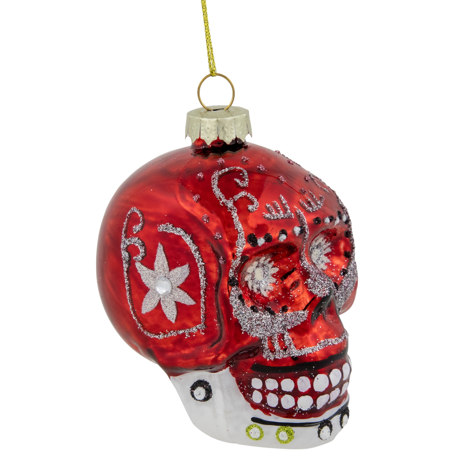 Day of the Dead Skull Head Glitter Glass Christmas Ornament - 3.5" - Red