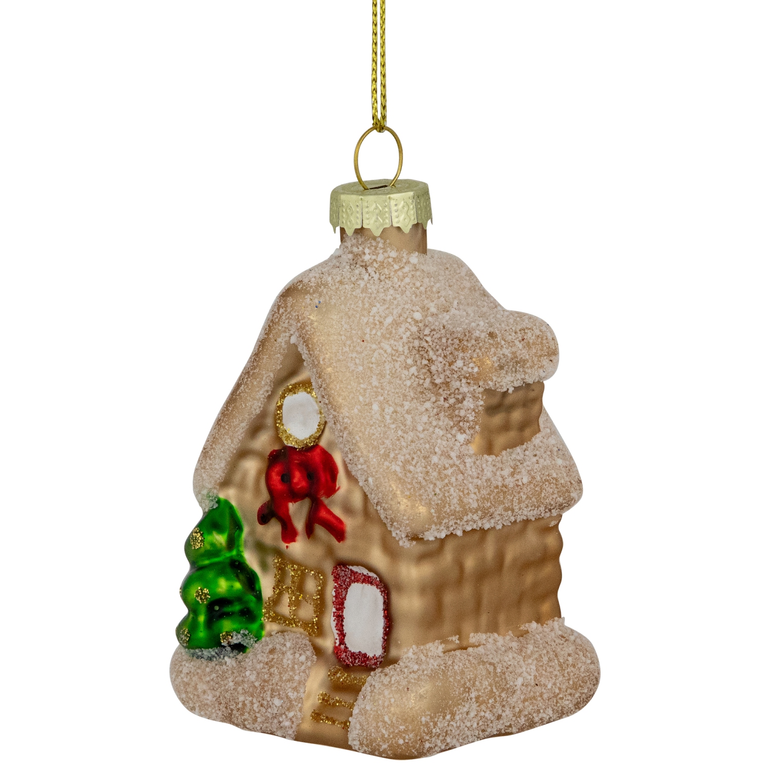 Snowy Country Cabin Glass Christmas Hanging Ornament - 3.25" - Gold Finish