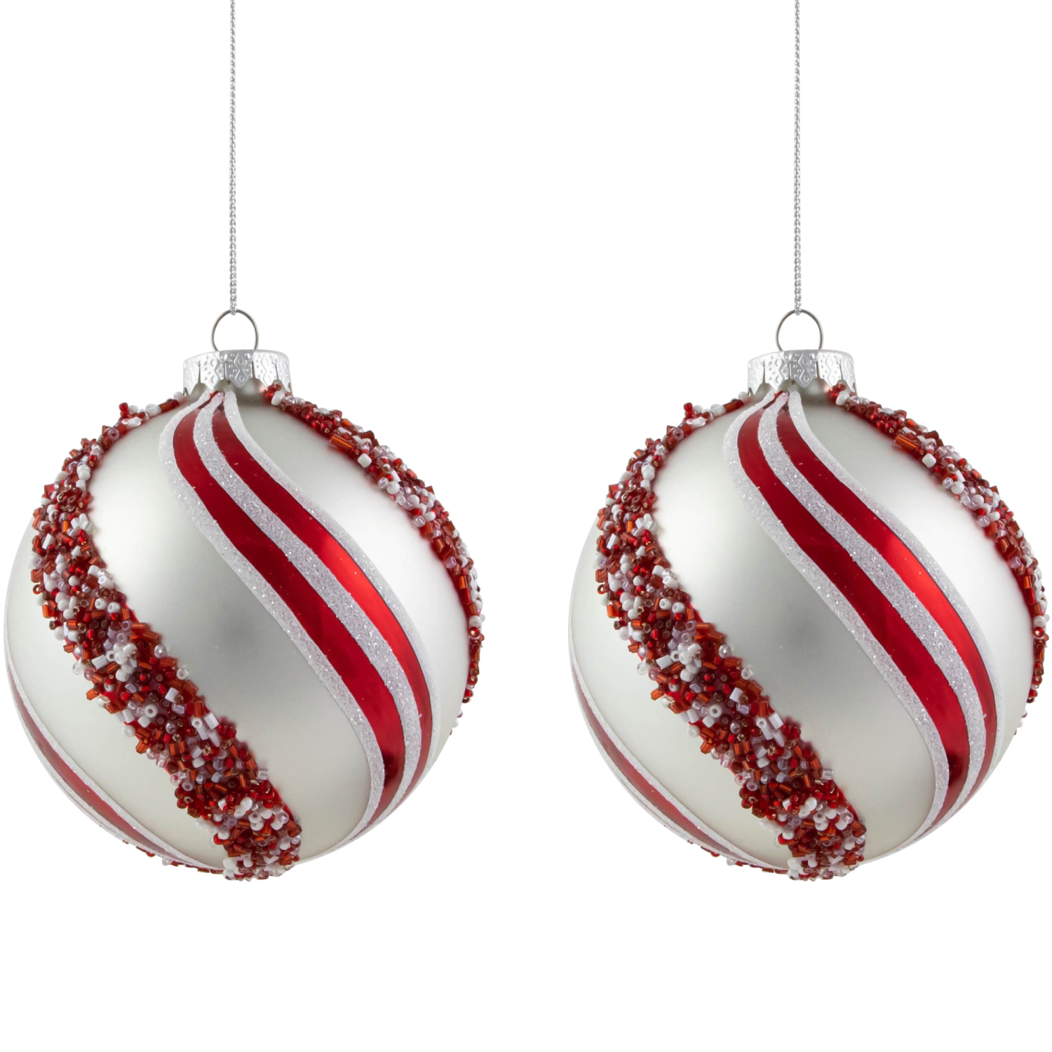 Peppermint Swirl Beaded Christmas Glass Ball Ornaments - 4" - White and Red - Set of 2