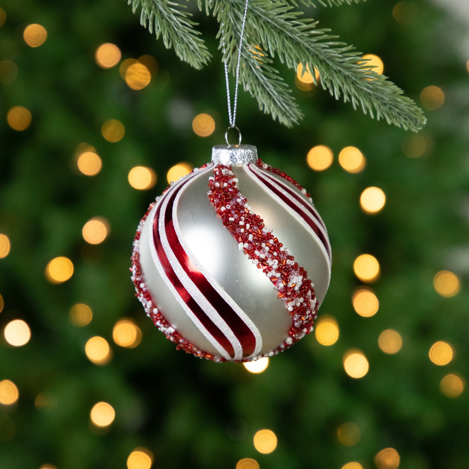 Peppermint Swirl Beaded Christmas Glass Ball Ornaments - 4" - White and Red - Set of 2