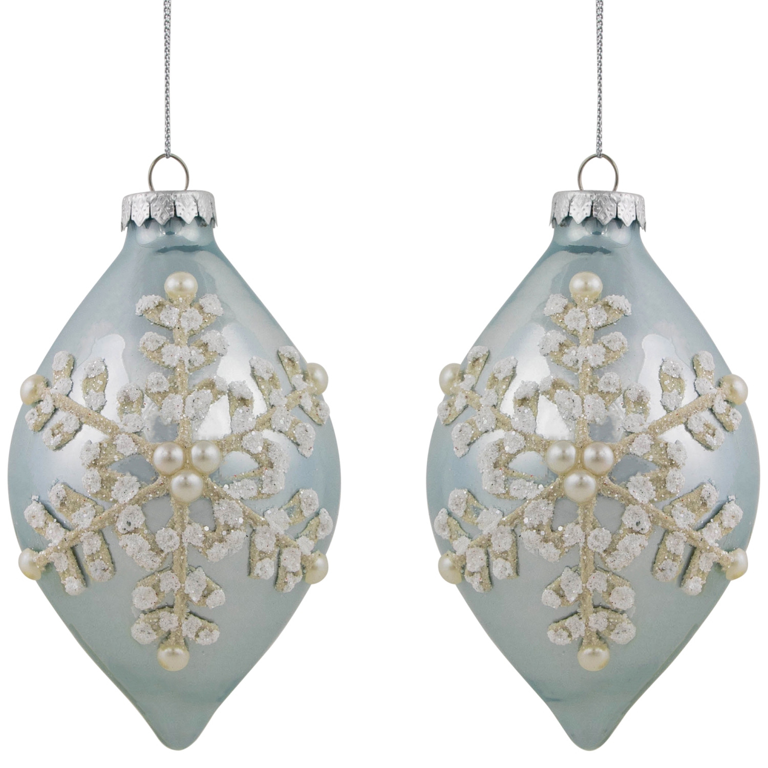 Set of 2 Shiny Artic Blue Textured Snowflakes Finial Christmas Glass Ornaments 5"