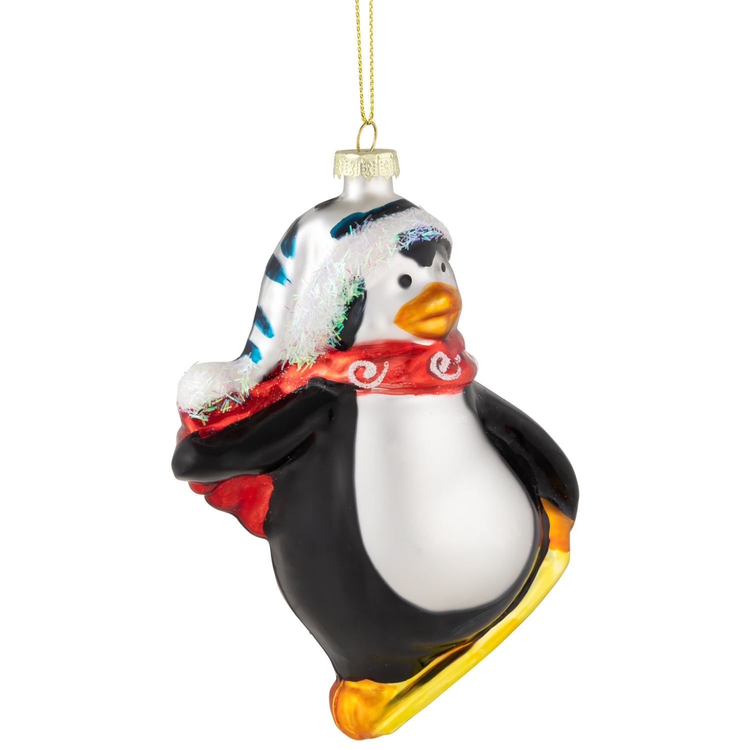 Snowboarding Penguin Glass Christmas Ornament - 4.25" - Black, White and Red