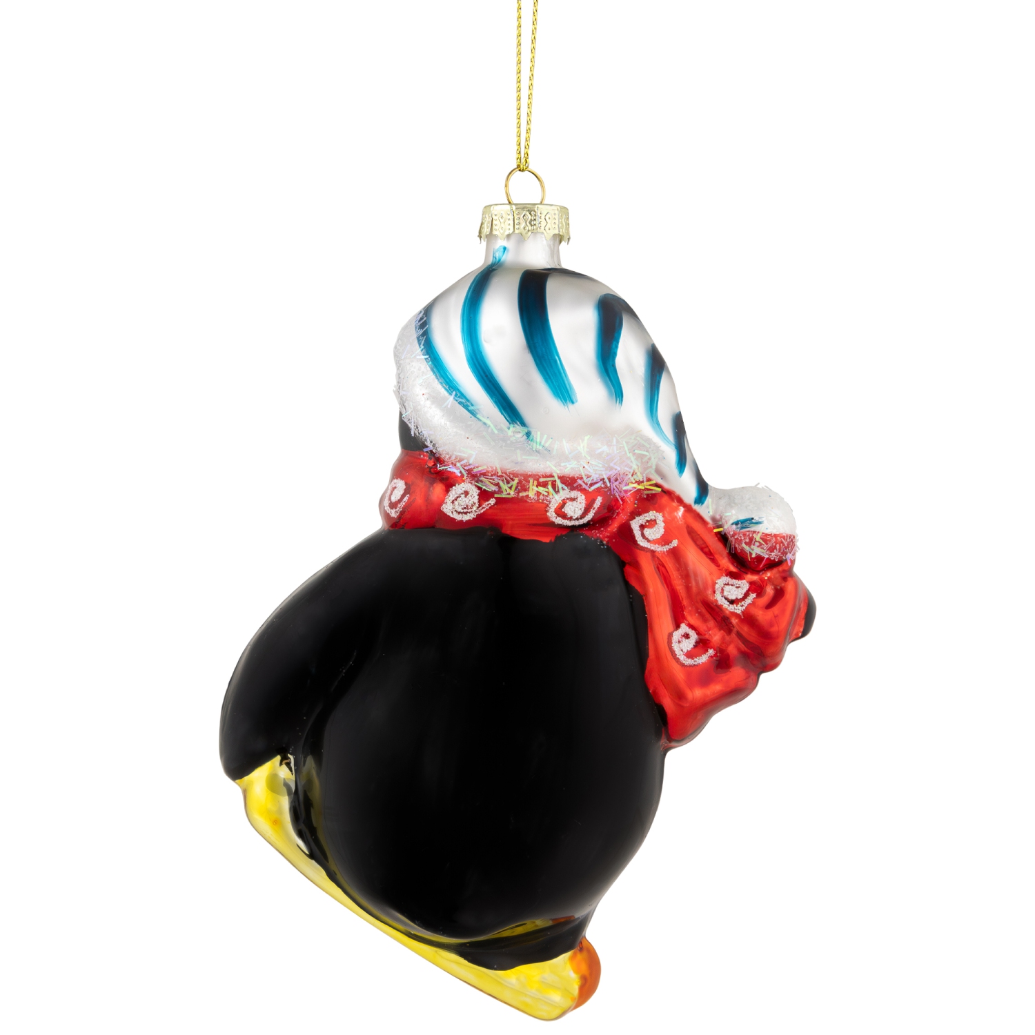 Snowboarding Penguin Glass Christmas Ornament - 4.25" - Black, White and Red