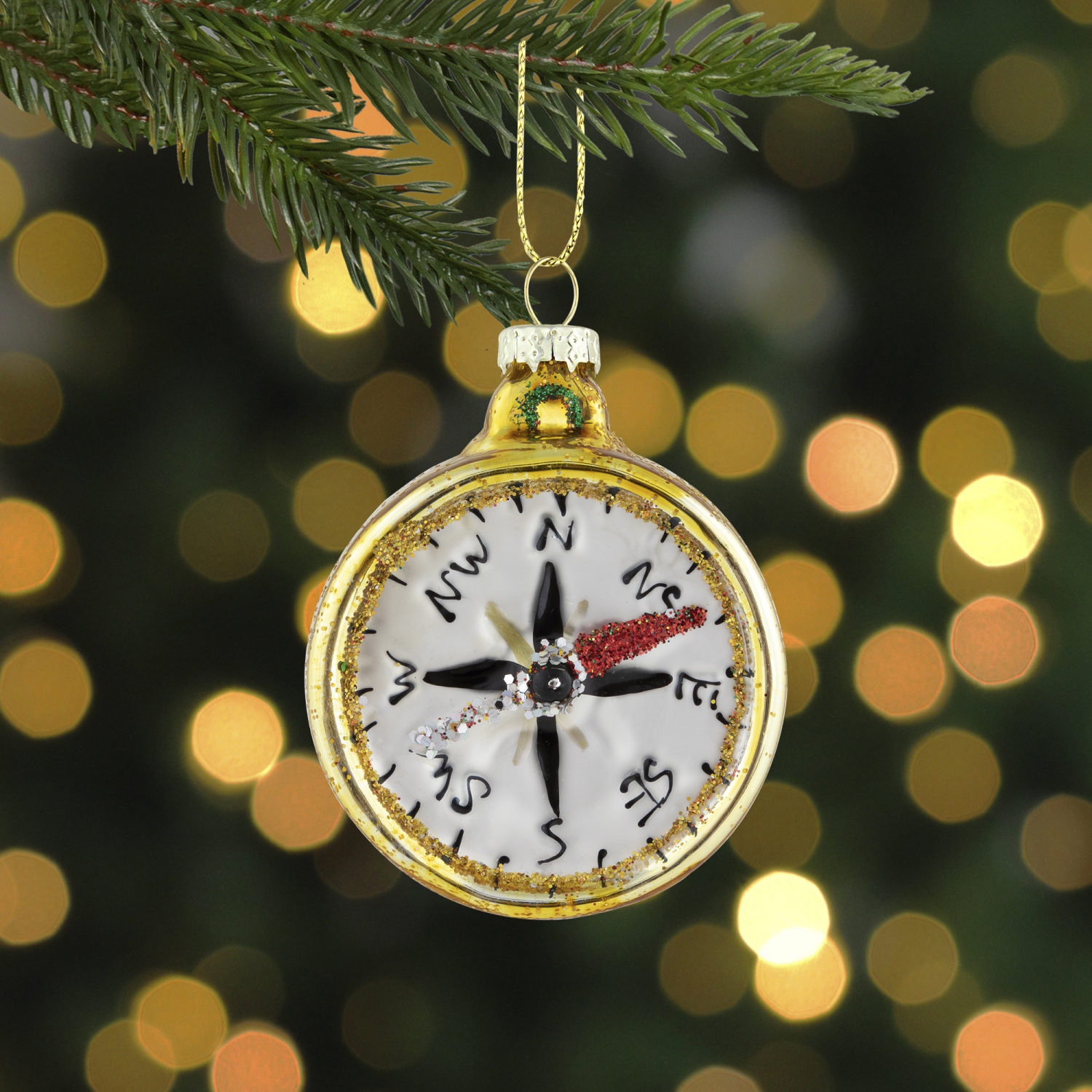 2.5" Glittered Gold Compass Glass Christmas Ornament