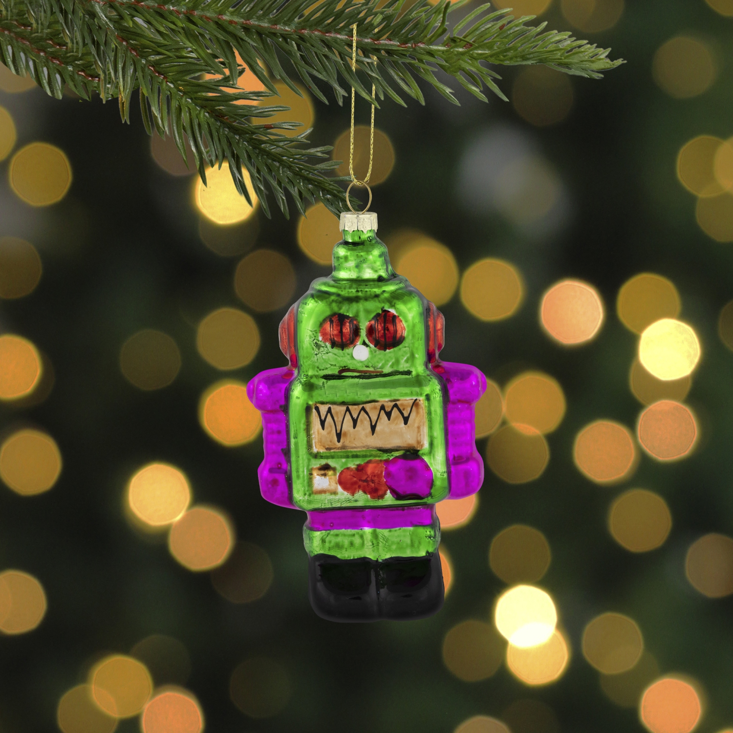5" Green and Purple Robot Glass Christmas Ornament