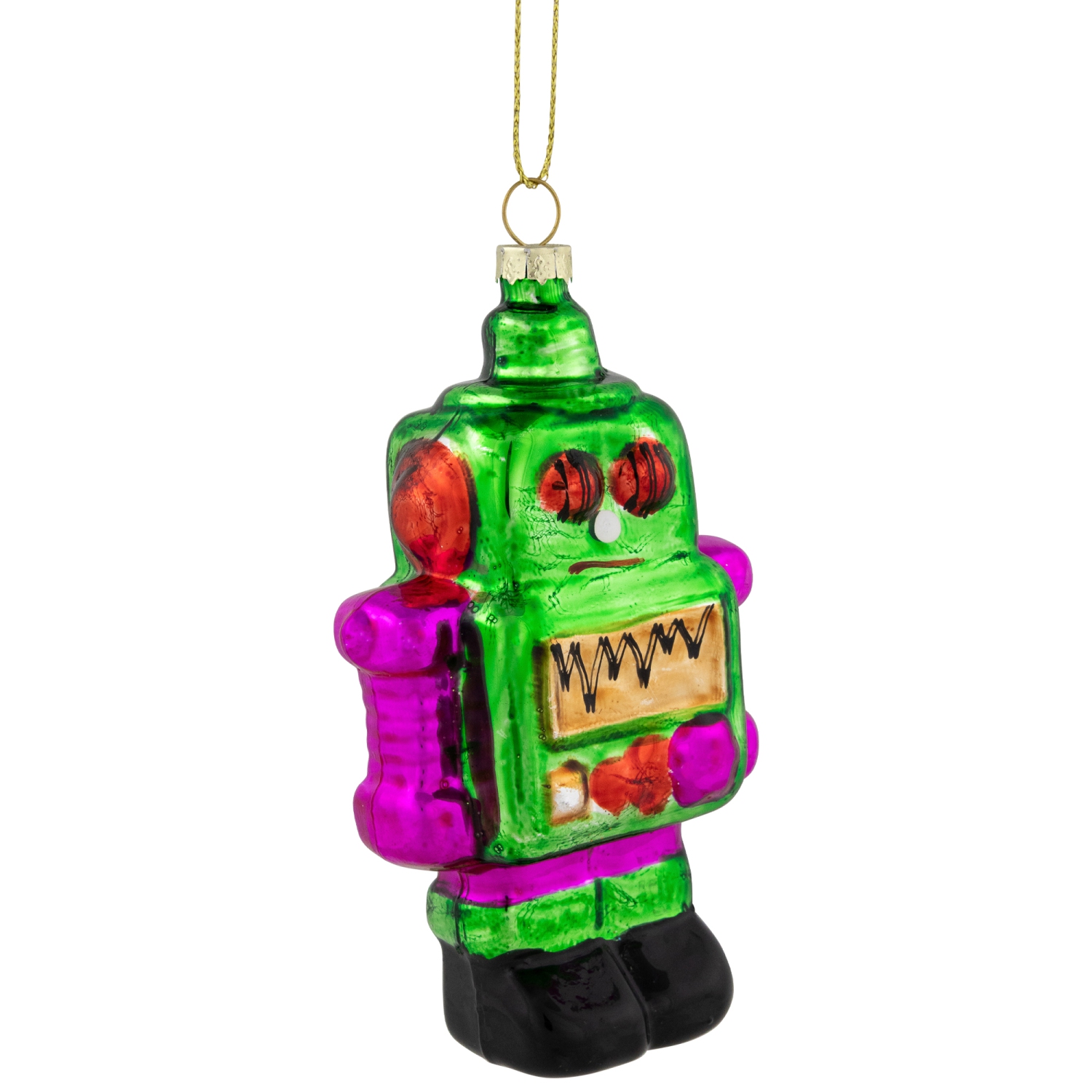 5" Green and Purple Robot Glass Christmas Ornament