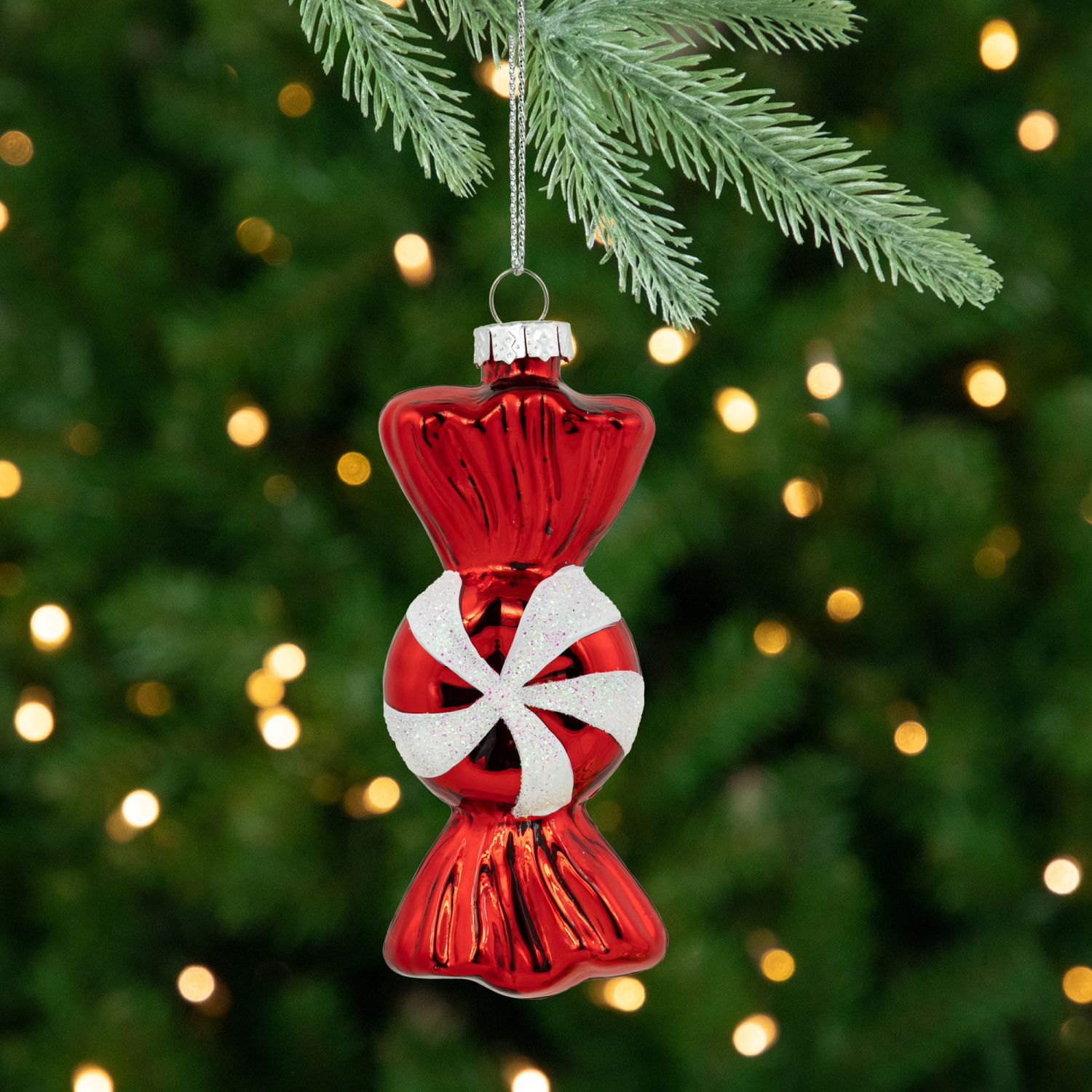 Set of 2 Shiny Red and White Glittered Candy Christmas Glass Ornaments 4"