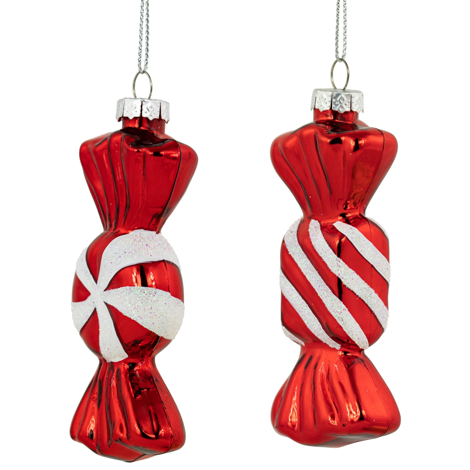 Set of 2 Shiny Red and White Glittered Candy Christmas Glass Ornaments 4"