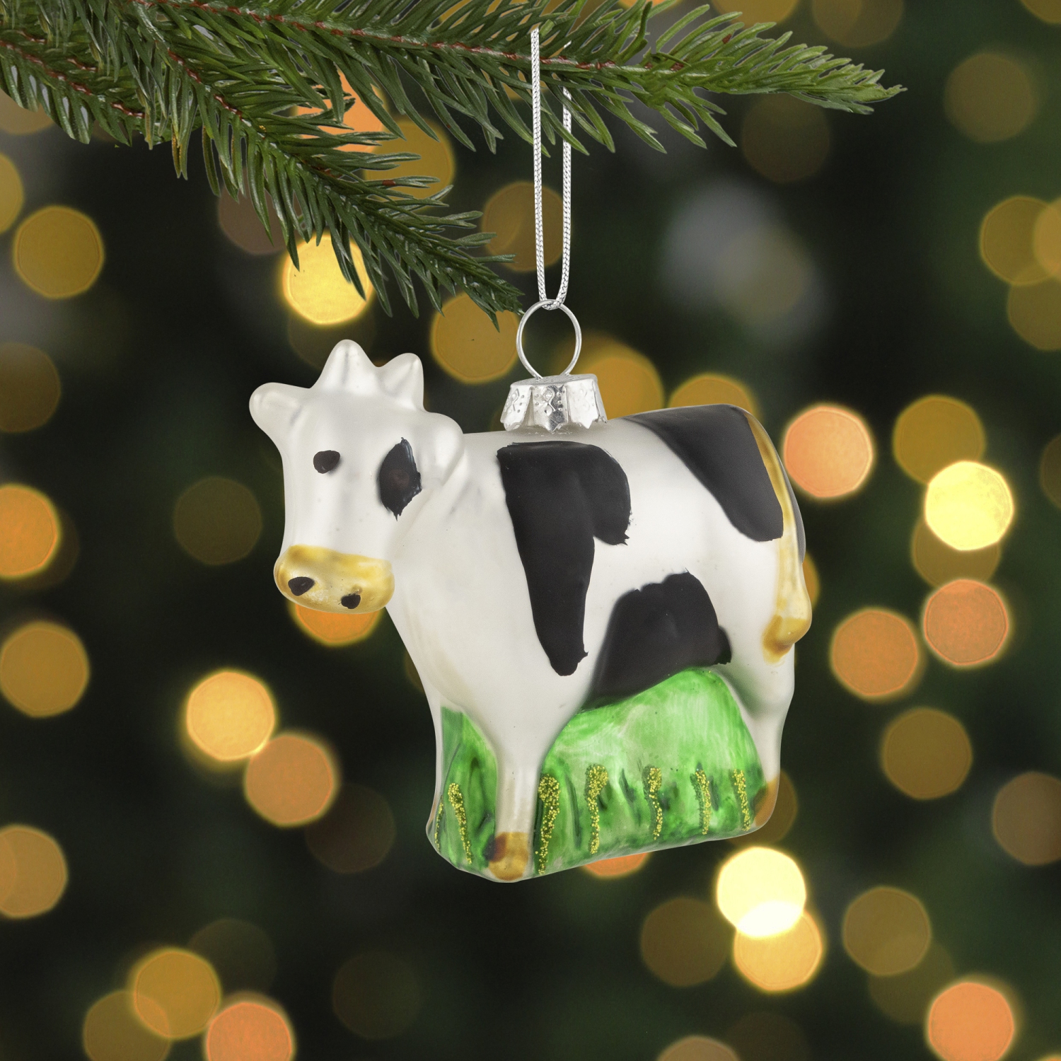 3" White and Black Cow Glass Christmas Ornament