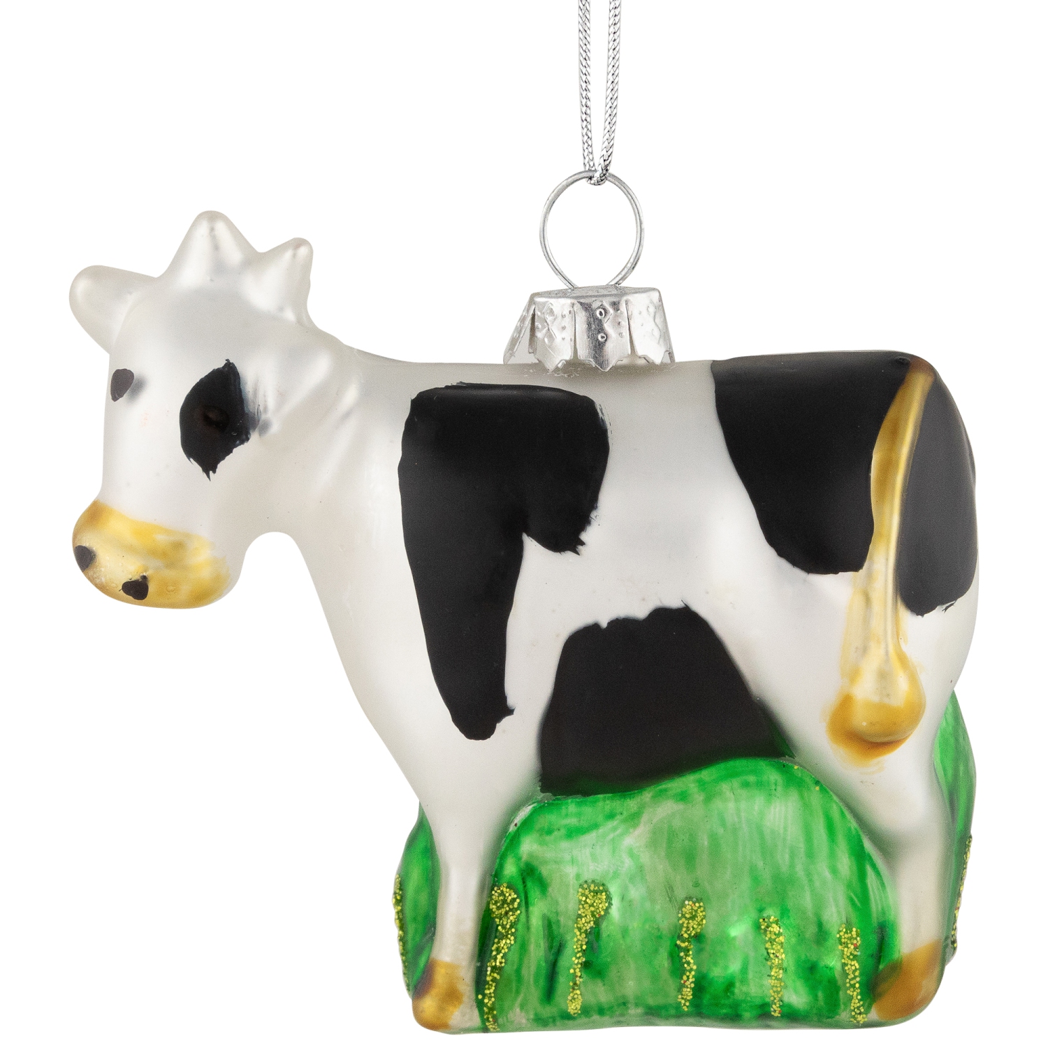 3" White and Black Cow Glass Christmas Ornament
