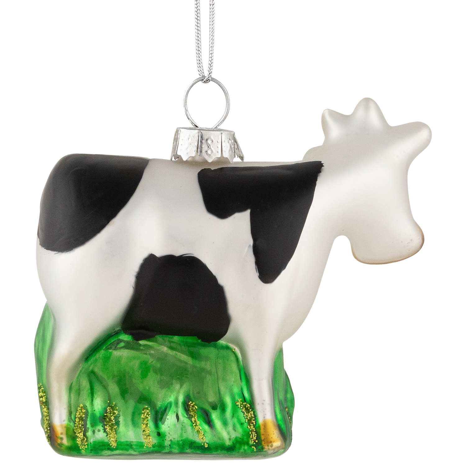 3" White and Black Cow Glass Christmas Ornament