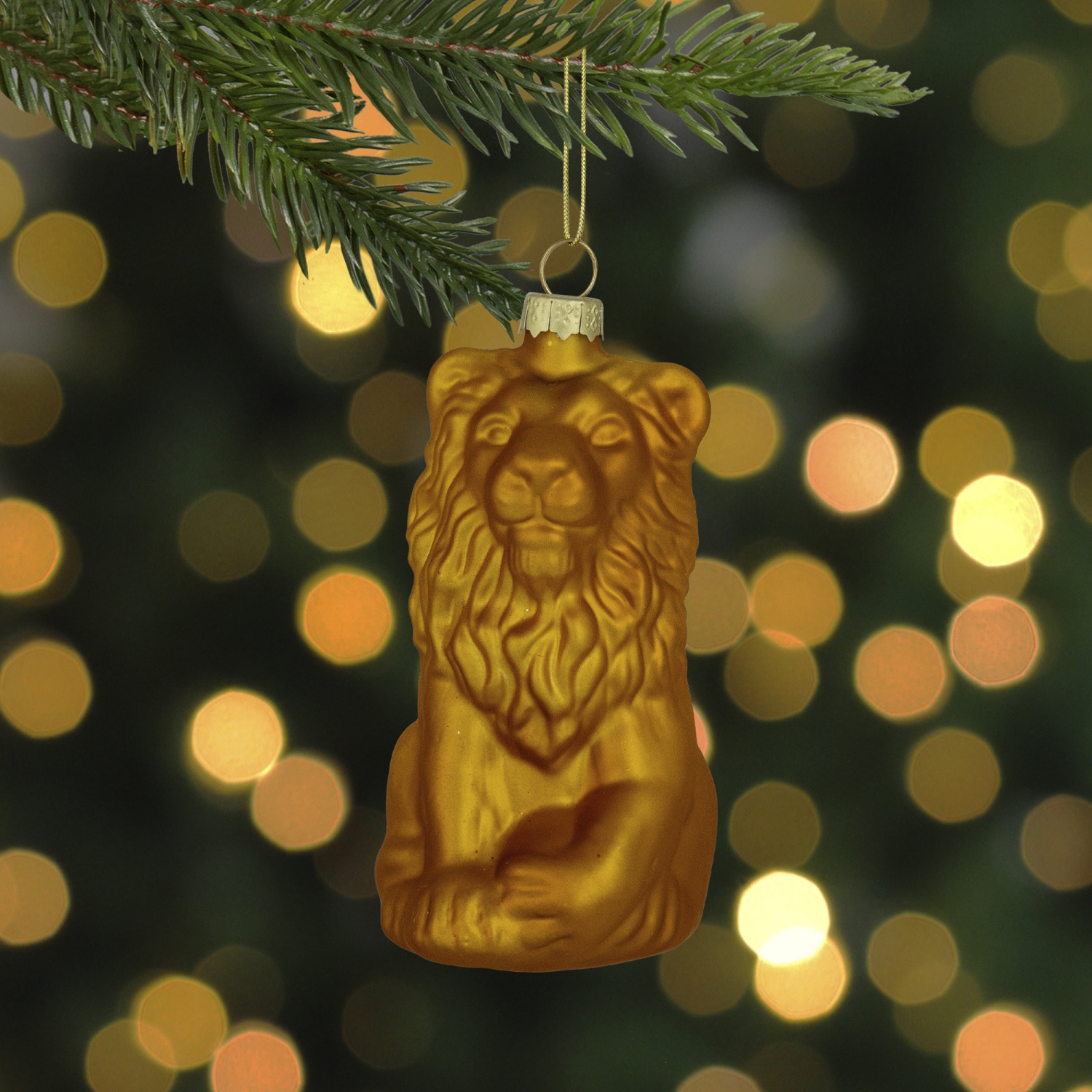 Sitting Lion Glass Christmas Ornament - 2.5" - Gold