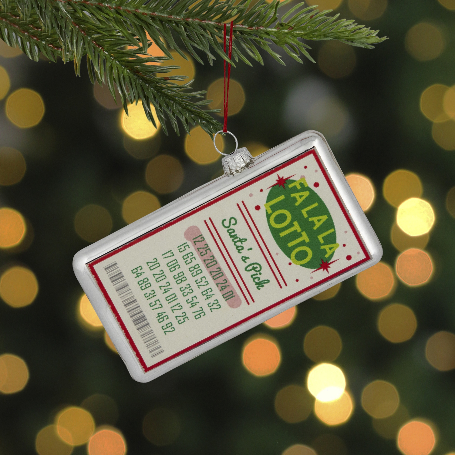 Glass "Fa La La Lotto Santa's Pick" Hanging Christmas Ornament - 4.25" - Silver