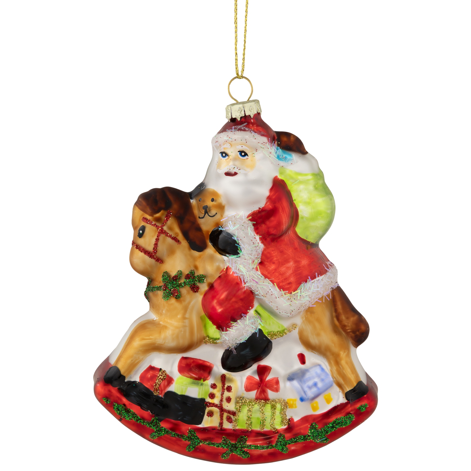 Santa on a Rocking Horse Glittered Glass Christmas Ornament - 4.75" - Red